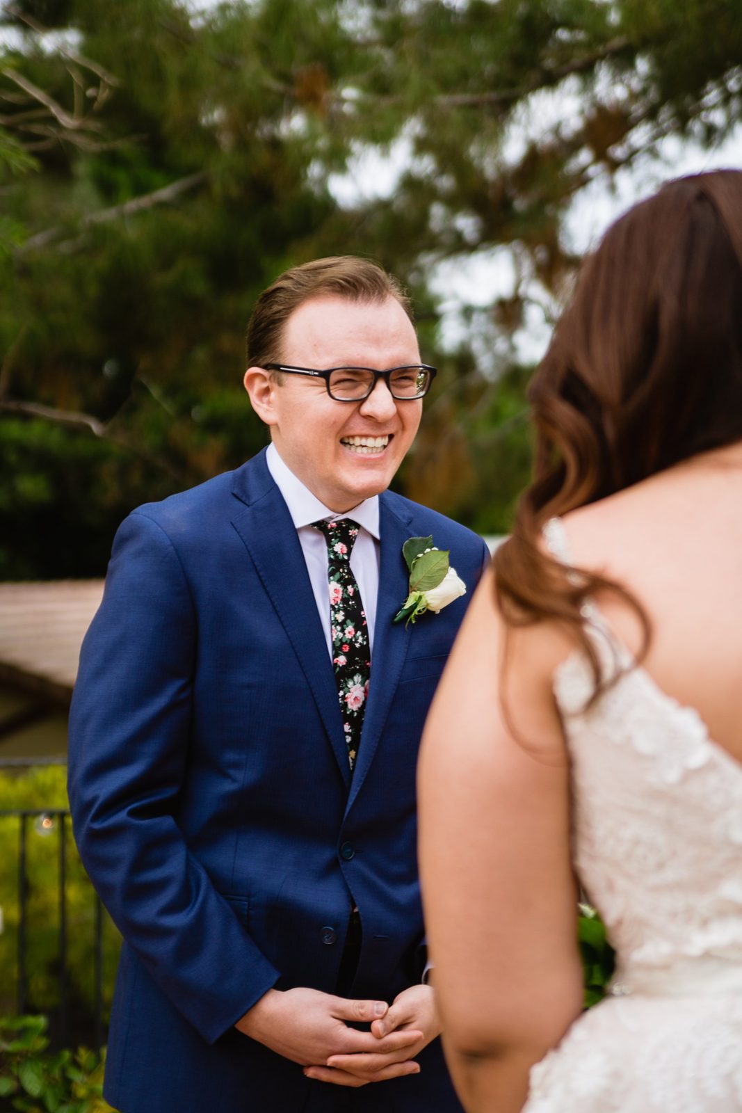 Bride and Groom's first look at The Wright House Provencal by Arizona wedding photographer PMA Photography.