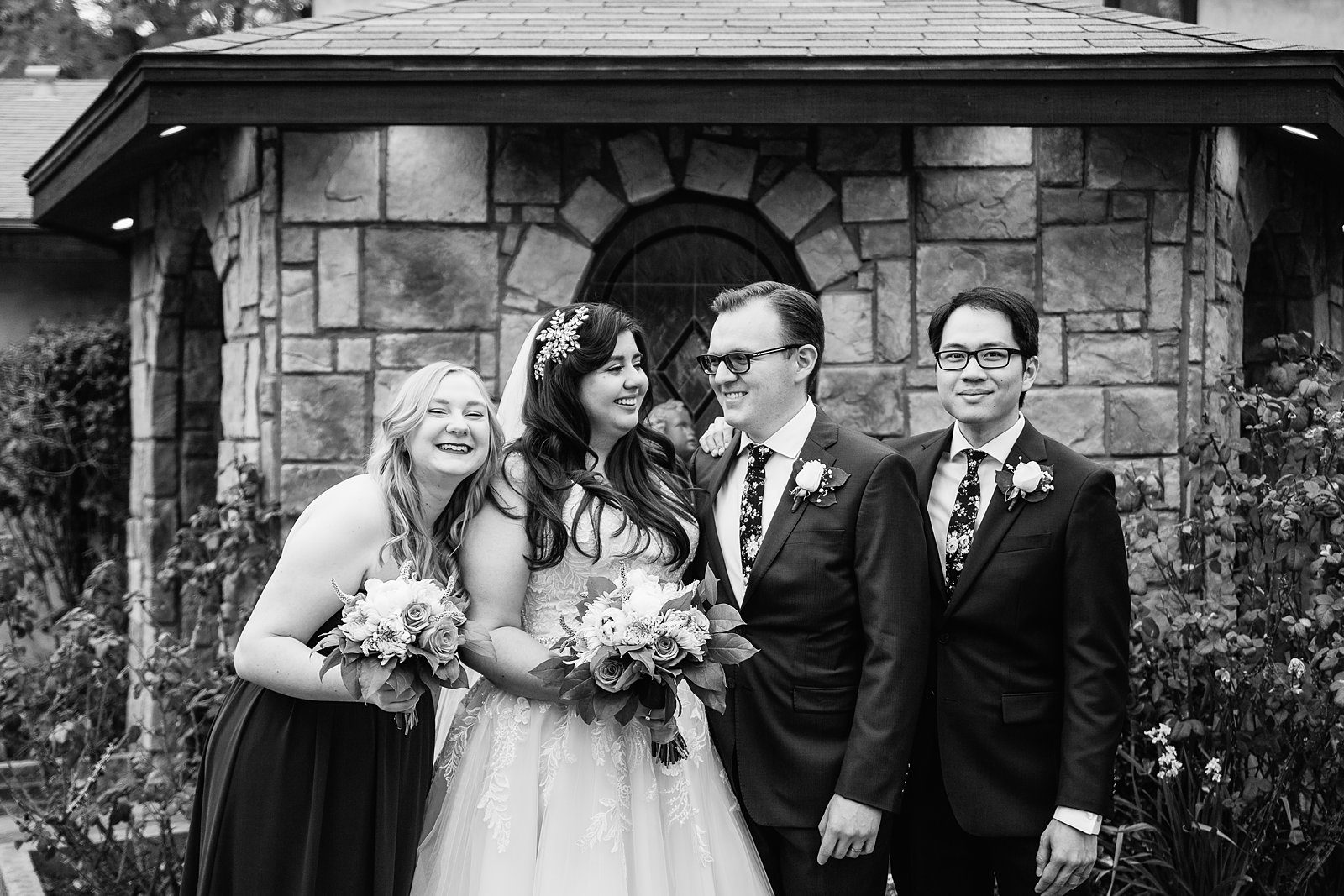 Bridal party laughing together at The Wright House Provencal wedding by Mesa wedding photographer PMA Photography.