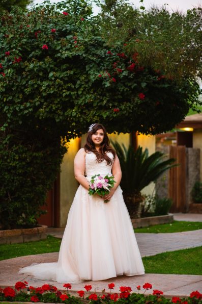 Bride in a romantic blush wedding dress for her Wright House Provencal wedding by PMA Photography.