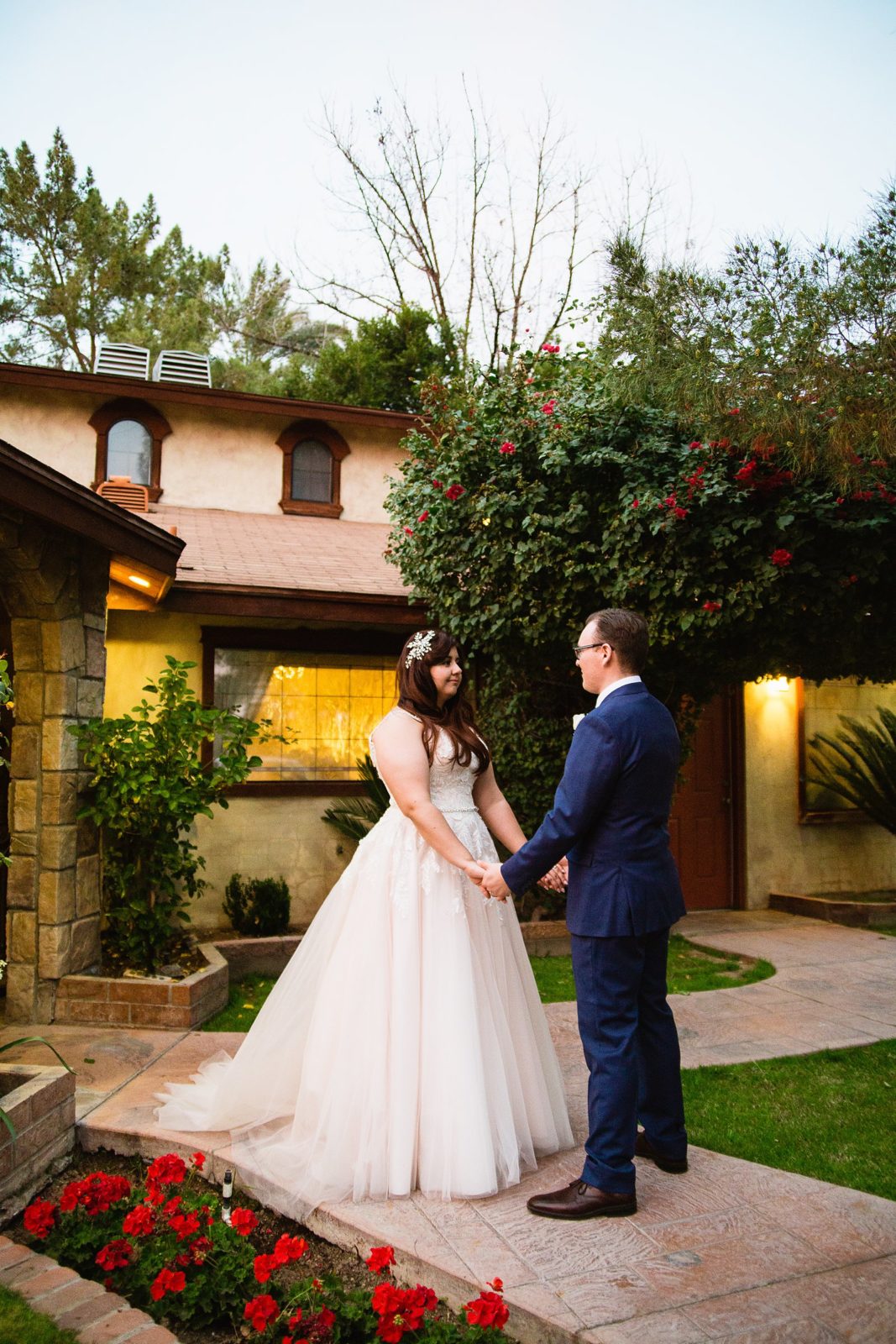 Bride and Groom pose during their Wright House Provencal wedding by Arizona wedding photographer PMA Photography.