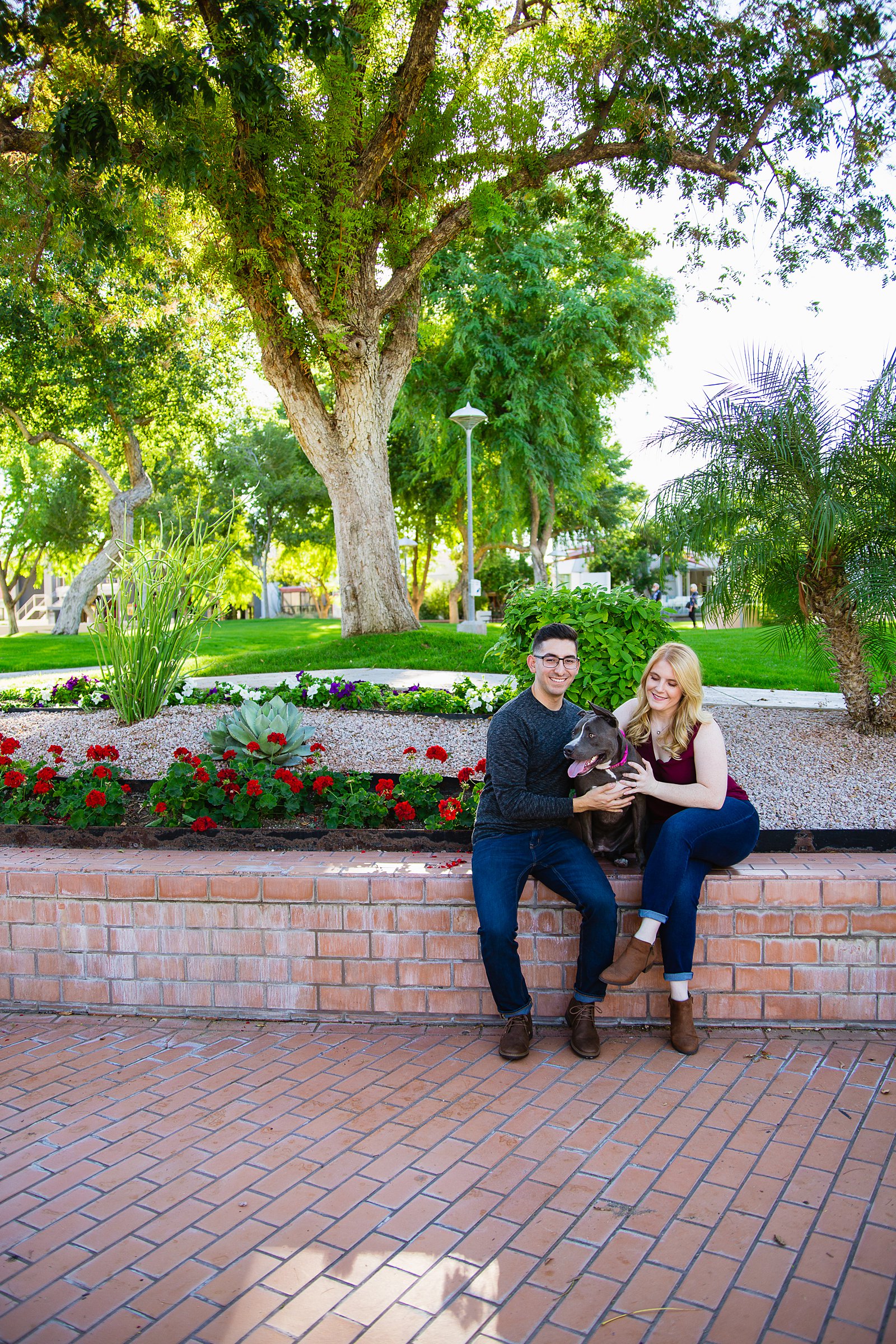Couple pose with their dog for their Scottsdale Civic Center engagement session by Scottsdale wedding photographer PMA Photography.