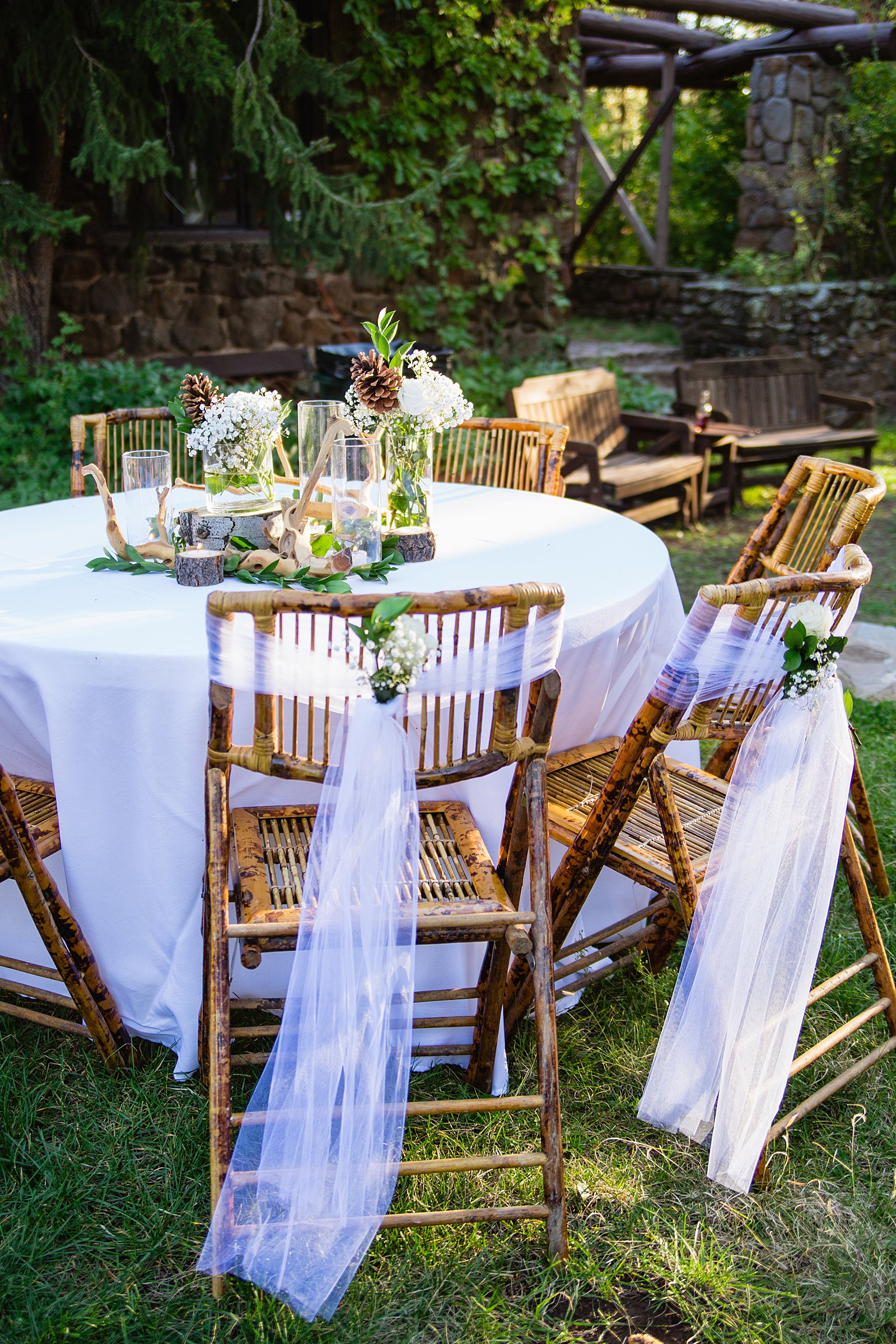 Rustic DIY centerpieces at The Colton House wedding reception by Flagstaff wedding photographer PMA Photography.