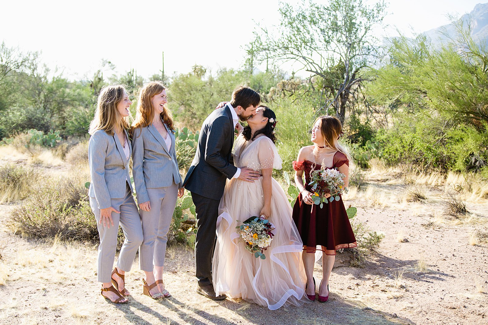 Mixed gender bridal party together at a Cloth and Flame Superstition Mountain wedding by Arizona wedding photographer PMA Photography.