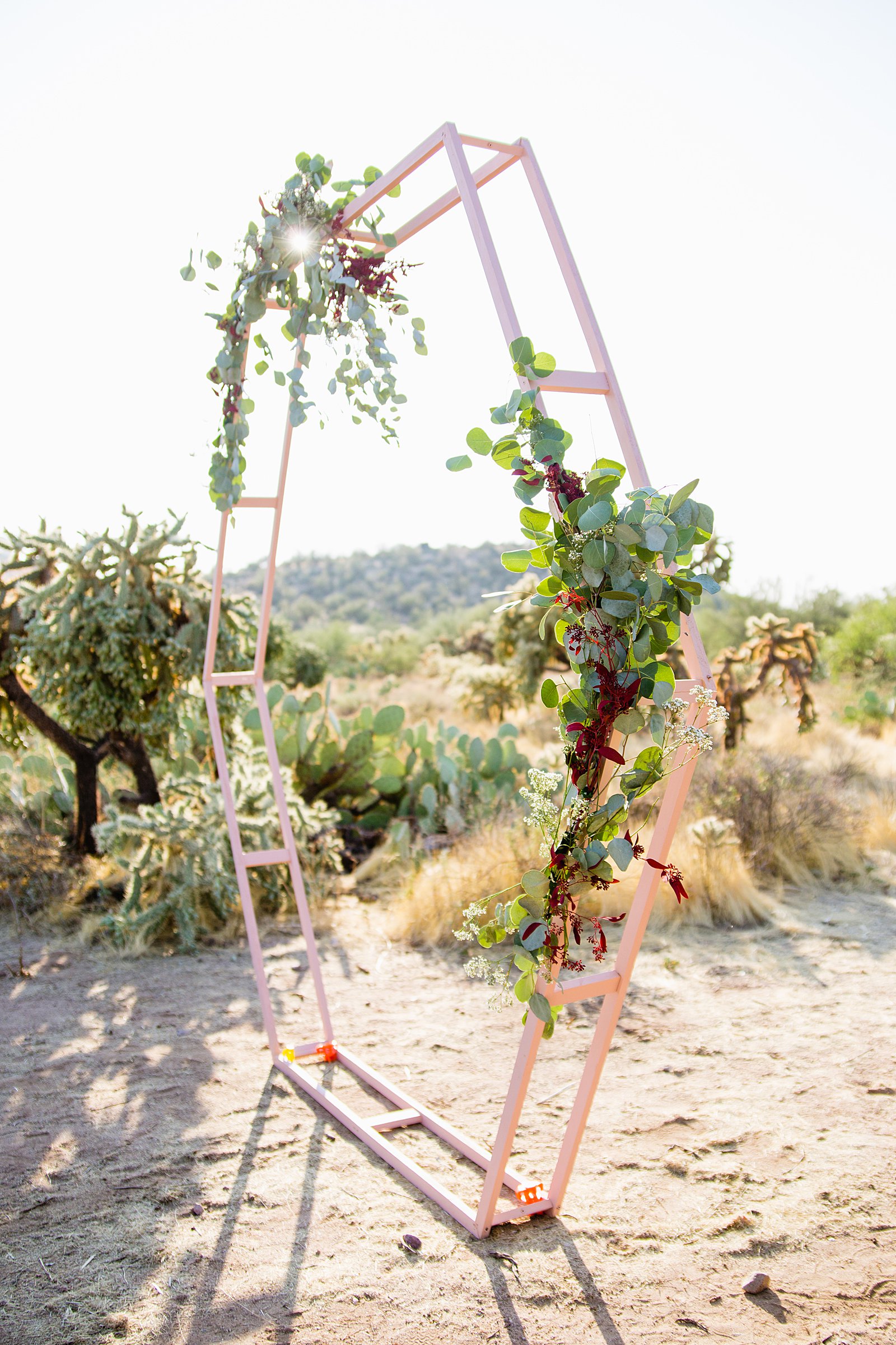 Romantic pink wedding hexagon arch decorated with eucalyptus ceremony at a Cloth and Flame wedding in the Superstition Mountains by Phoenix wedding photographer PMA Photography.