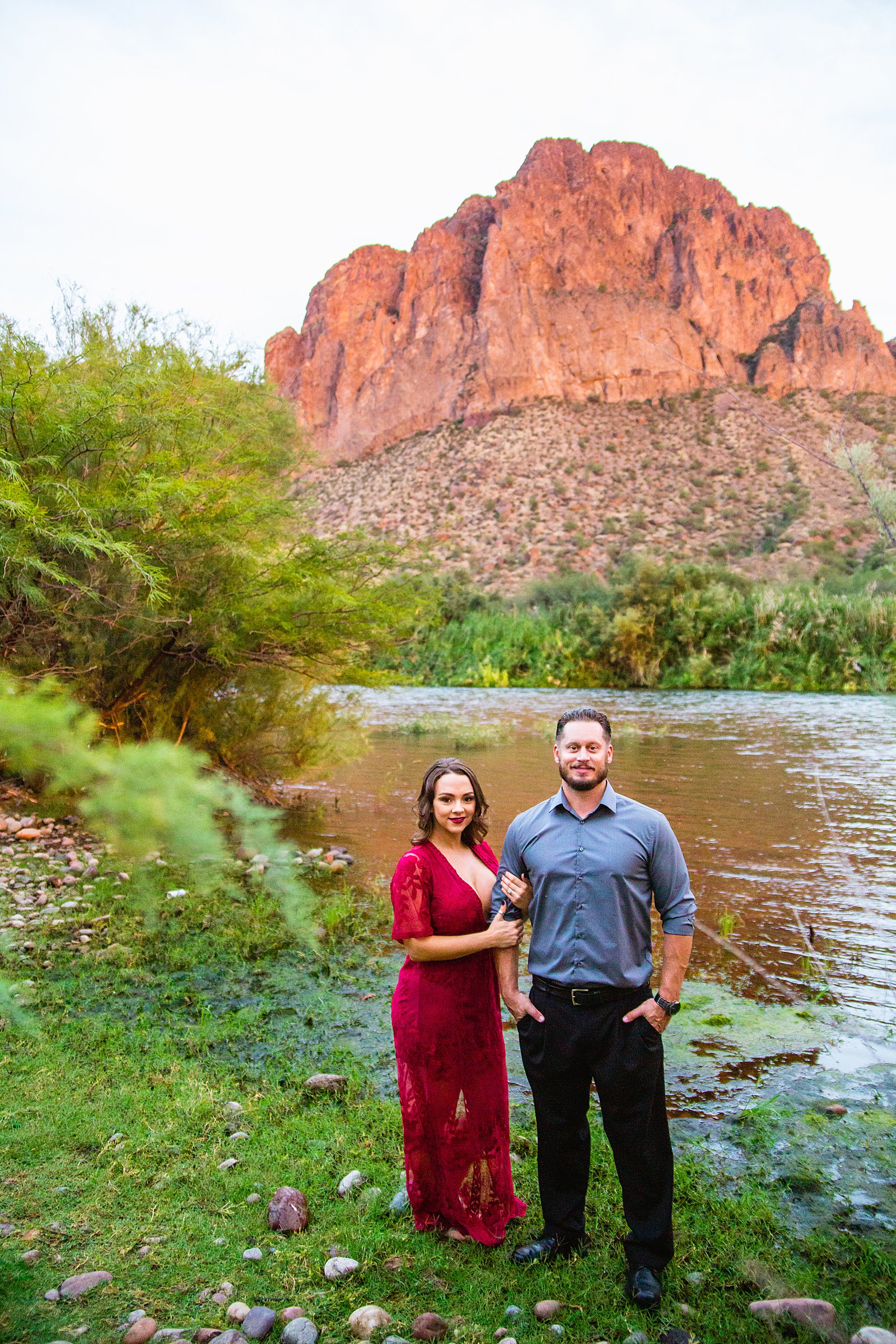 Couple pose for their Salt River engagement session by Phoenix wedding photographer PMA Photography.
