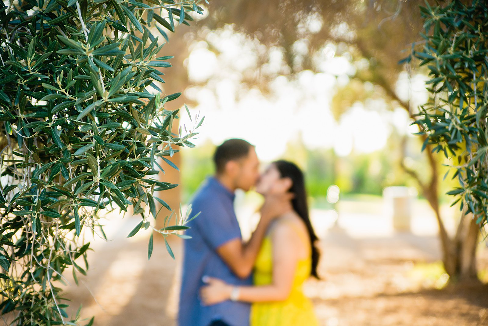 Couple share a kiss during their Sahuaro Ranch engagement session by Glendale wedding photographer PMA Photography.