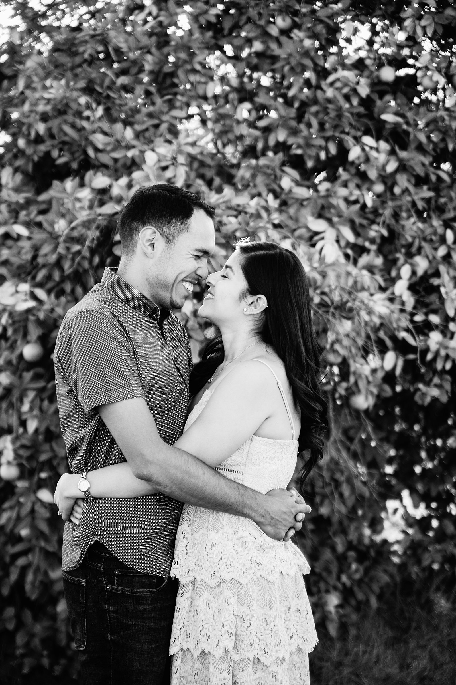 Couple share an intimate moment during their Sahuaro Ranch engagement session by Glendale engagement photographer PMA Photography.