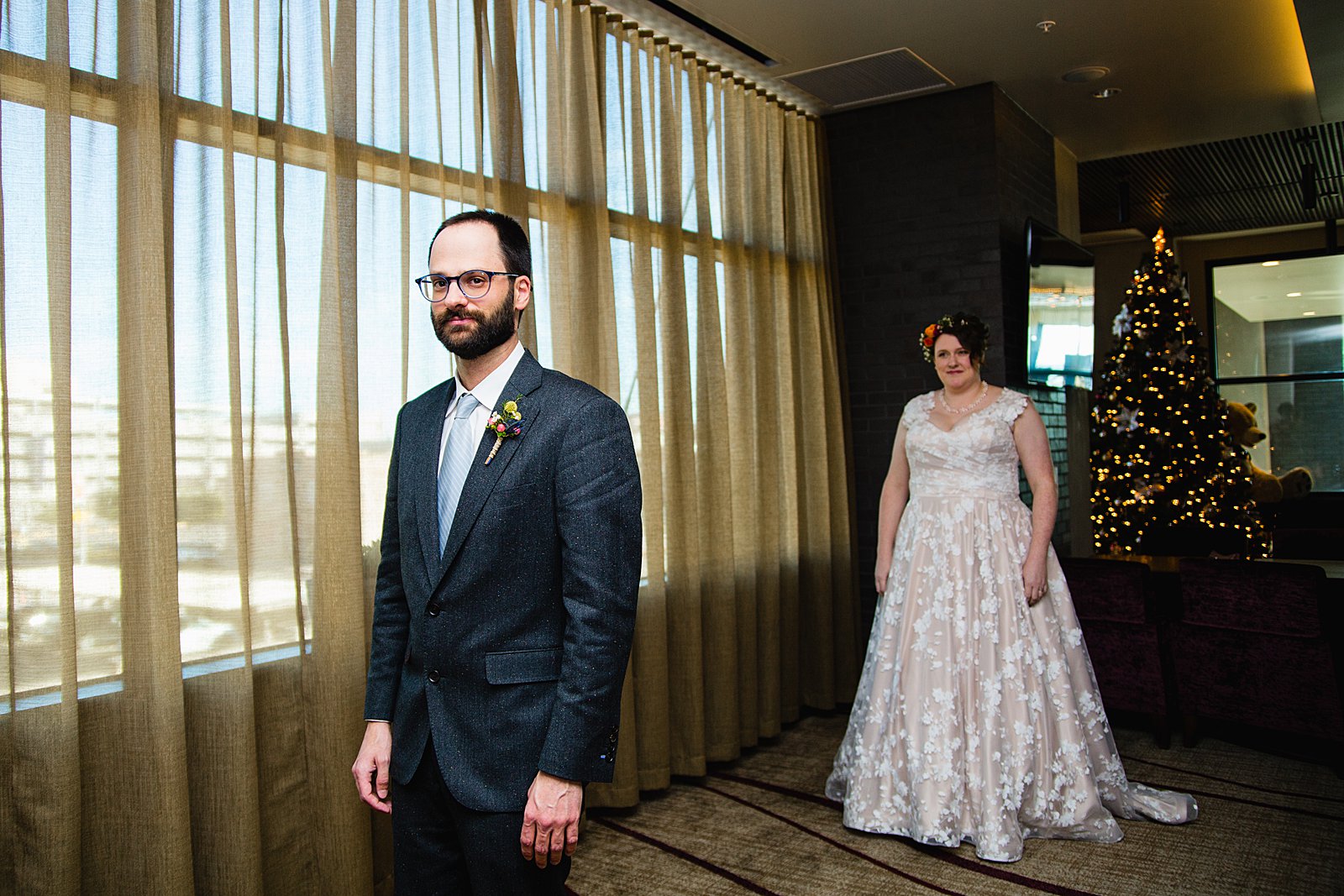 Bride and Groom's first look by Phoenix wedding photographer PMA Photography.