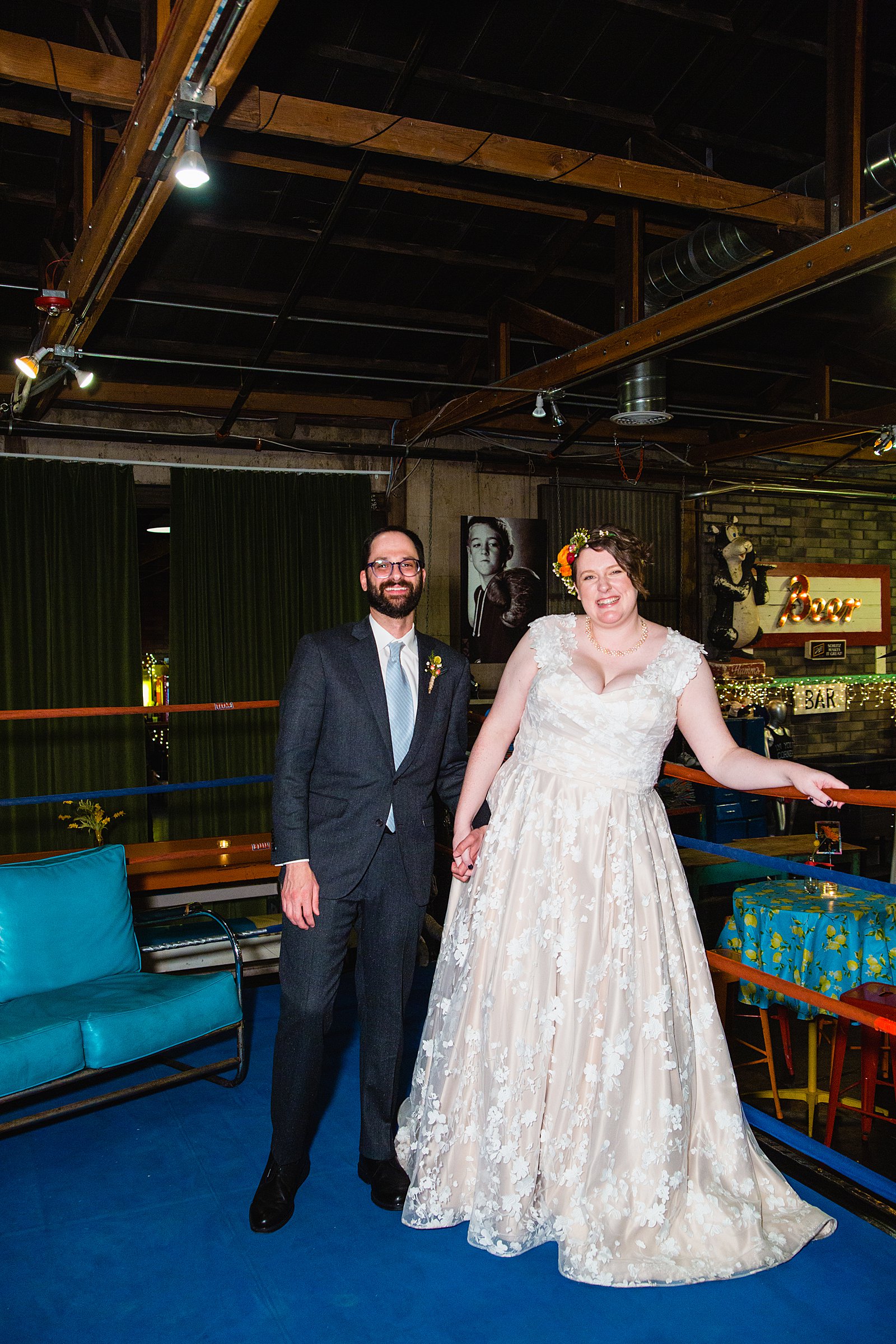Bride and groom together in the boxing ring at The Duce wedding reception by Phoneix wedding photographer PMA Photography.