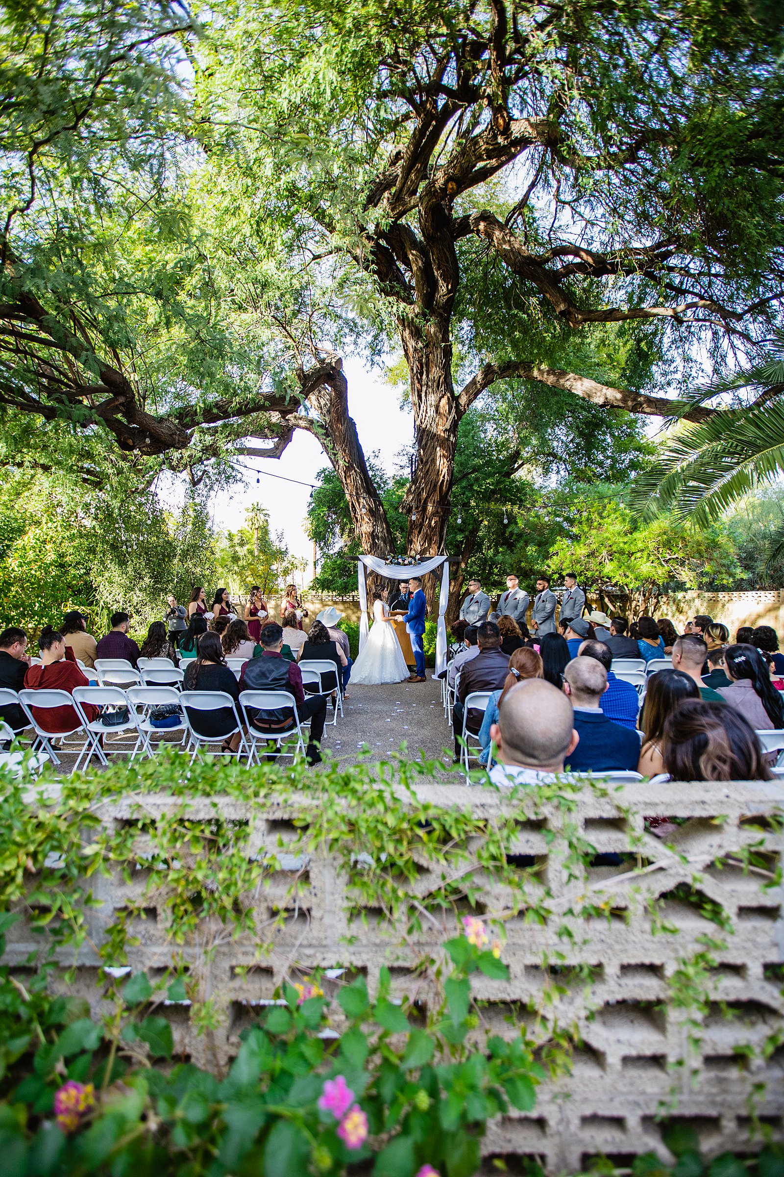 Wedding ceremony at Valley Garden Center by Phoenix wedding photographer PMA Photography.