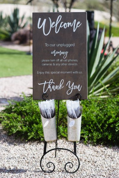 Modern, rustic unplugged wedding ceremony sign by PMA Photography.