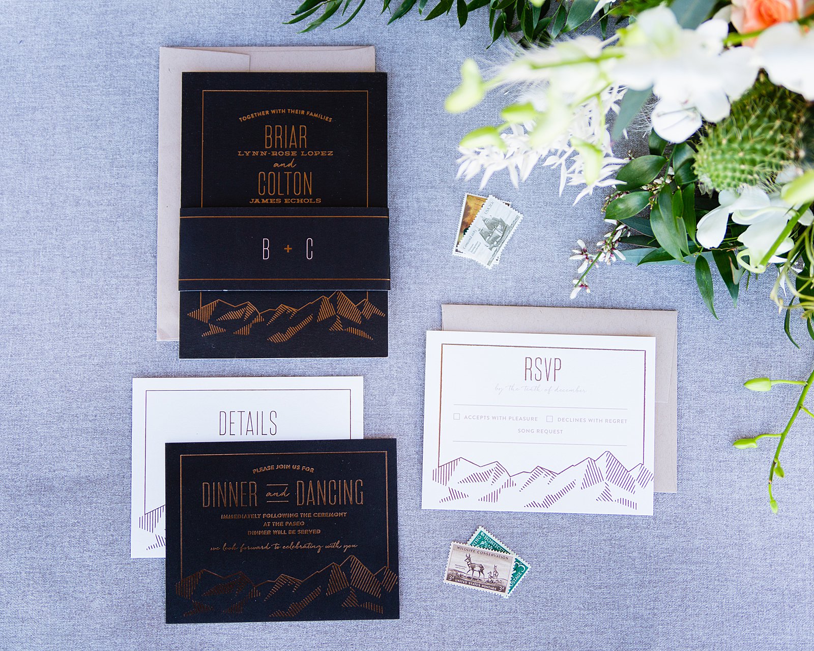Black, copper, and tan wedding invitation suite for a desert wedding at The Paseo by wedding photographer PMA Photography.