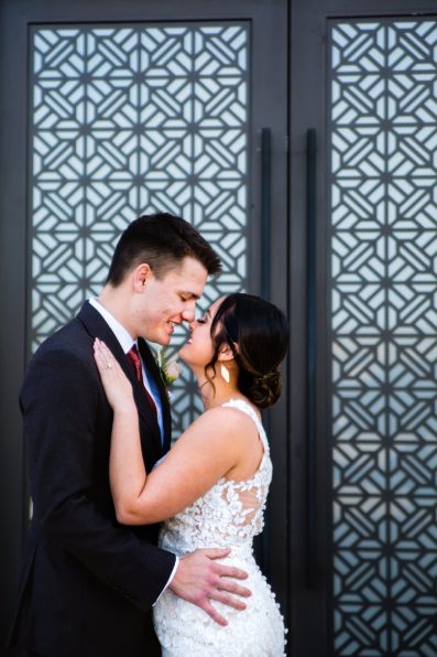Bride and Groom share an intimate moment at their The Paseo wedding by Arizona wedding photographer PMA Photography.