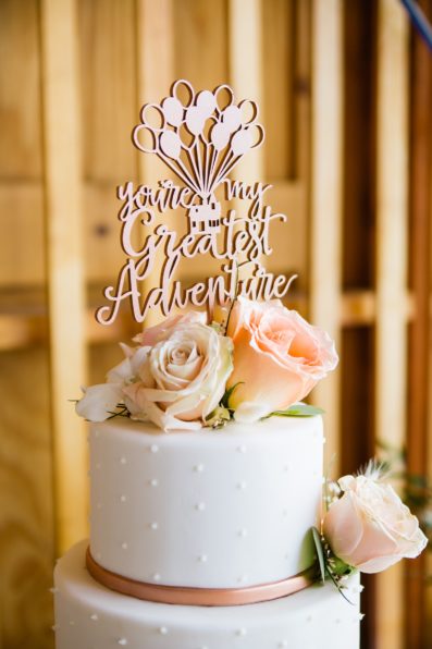 Simple white and copper wedding cake with Disney's Up themed wedding cake by Arizona wedding photographer PMA Photography.
