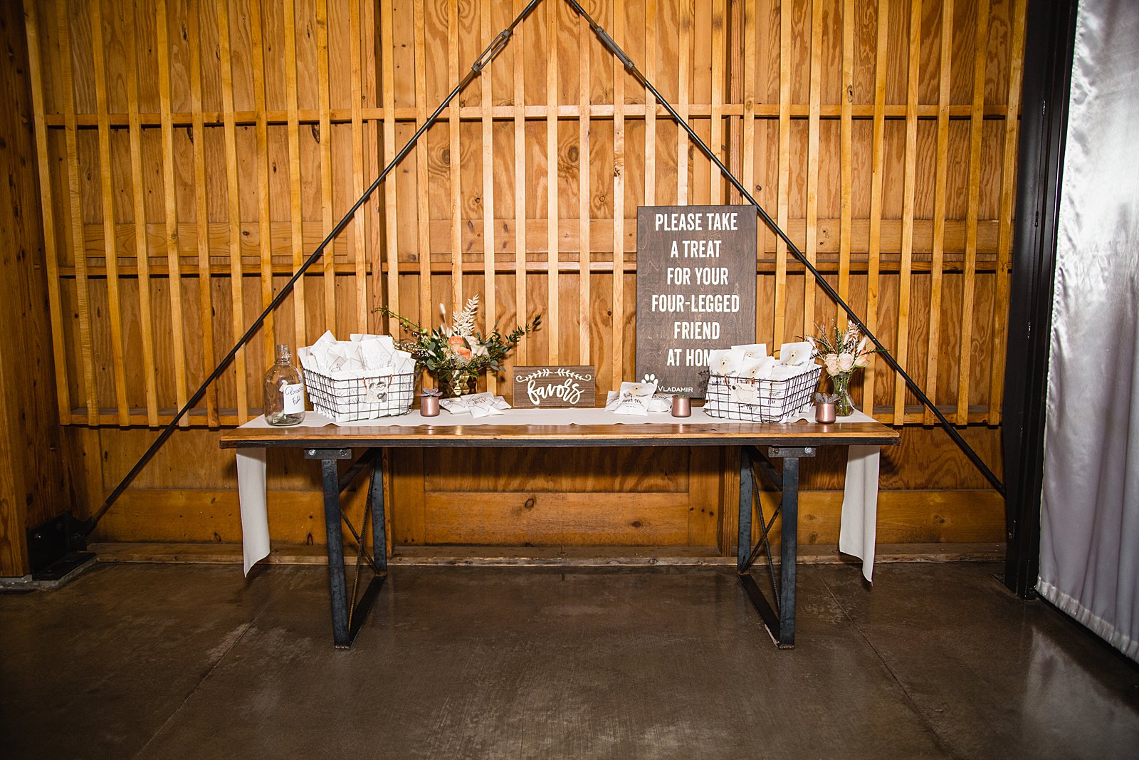 Rustic favor table at The Paseo wedding reception by Apache Junction wedding photographer PMA Photography.