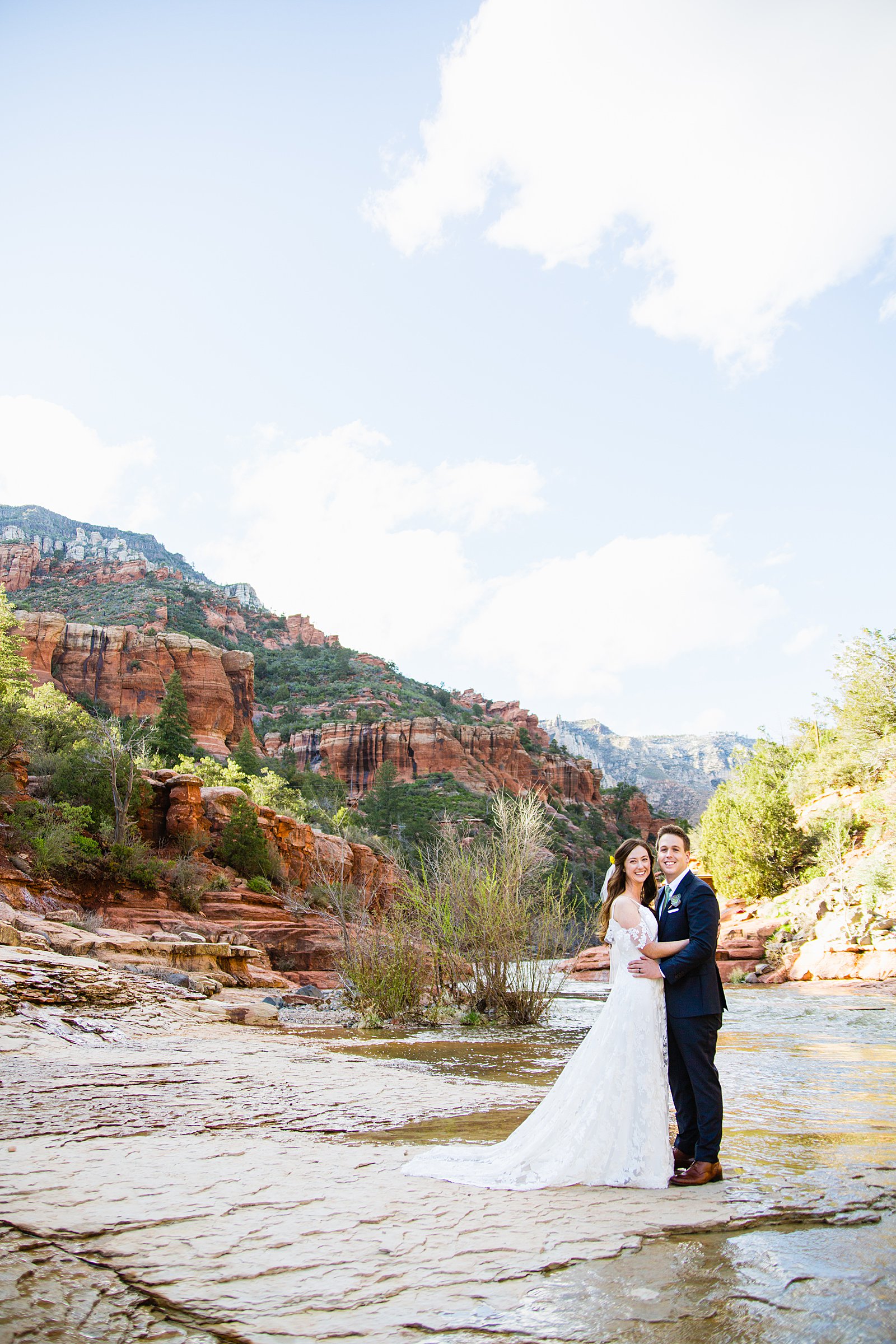 Bride and Groom pose for their Slide Rock elopement by Sedona elopement photographer PMA Photography.