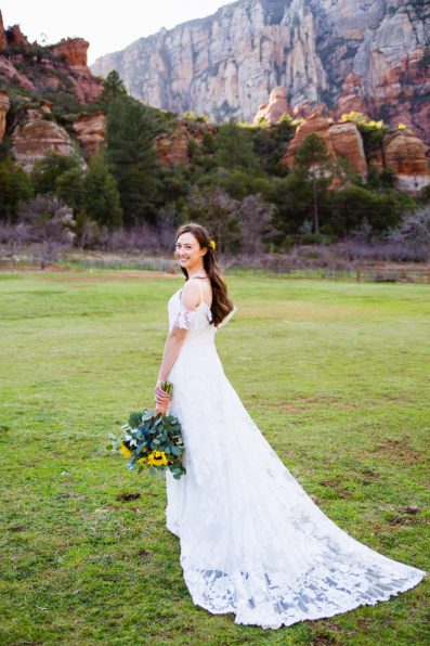 Bride's simple romantic garden inspired dress for her Sedona elopement by PMA Photography.