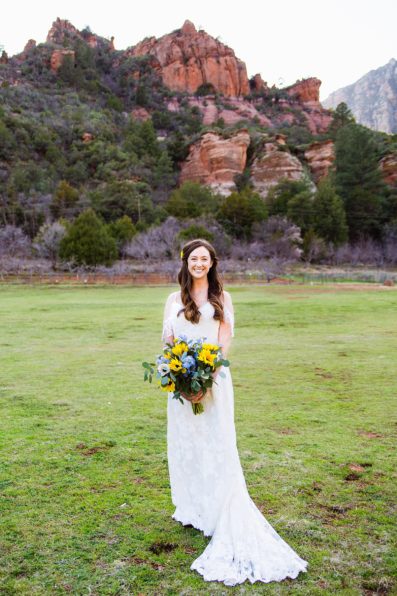 Bride's simple romantic garden inspired dress for her Sedona elopement by PMA Photography.