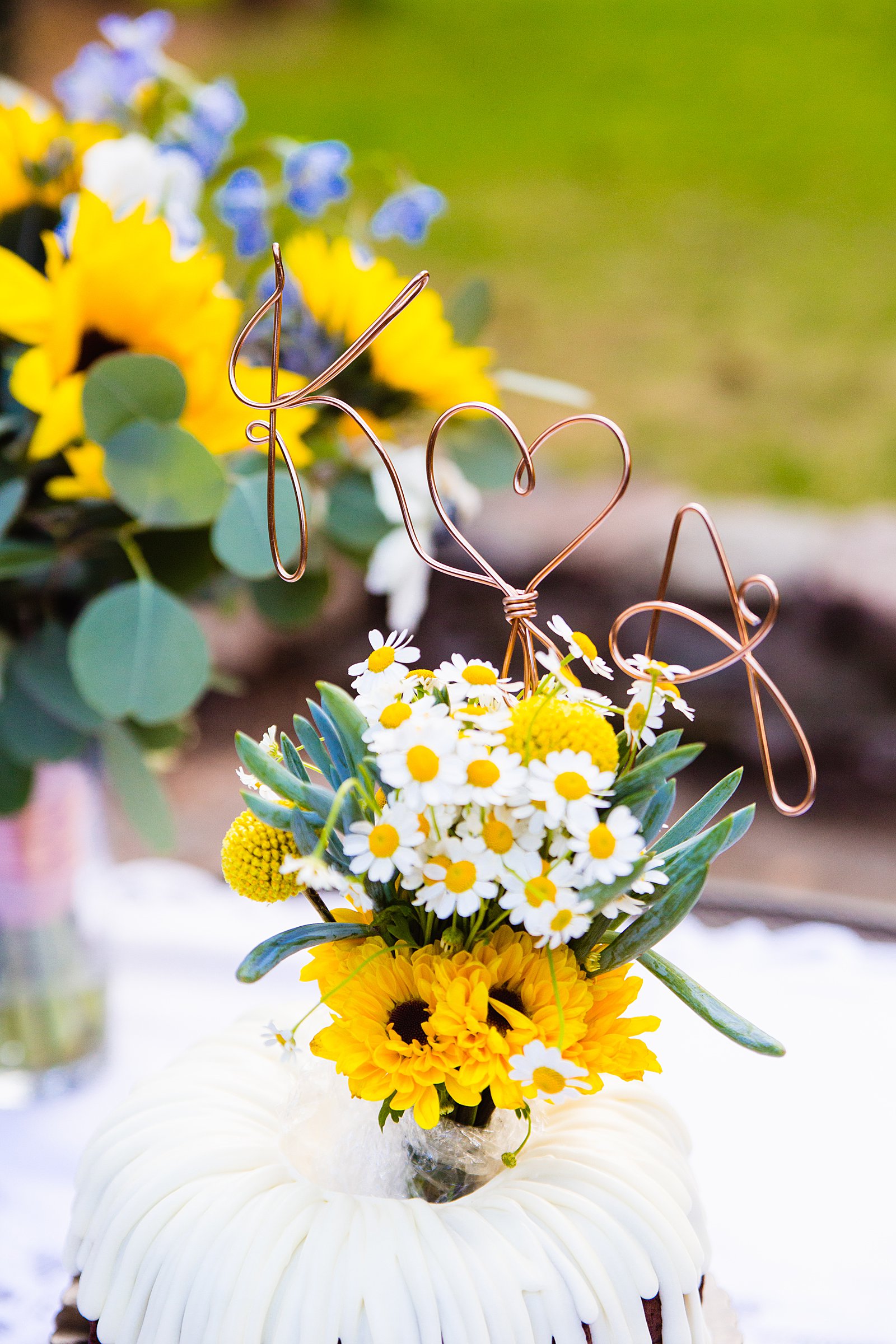 Bride and groom's copper wedding cake topper by PMA Photography.