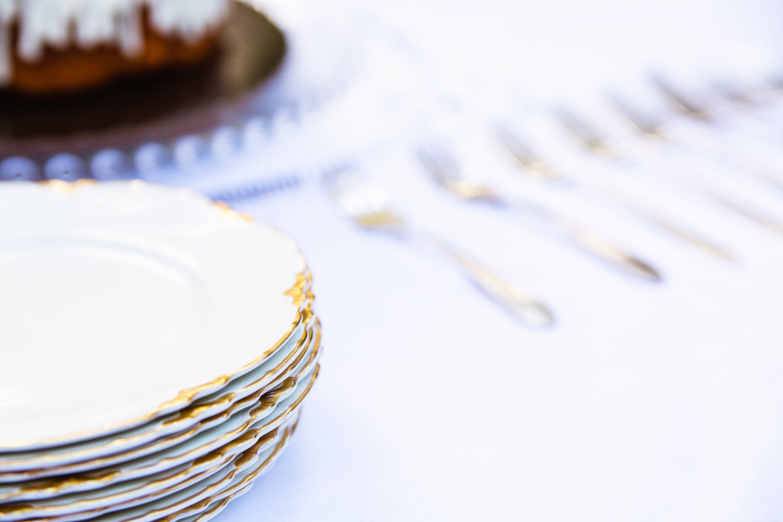 Heirloom plates and silverware for the couple to share cake with their family during their Sedona elopement by PMA Photography.