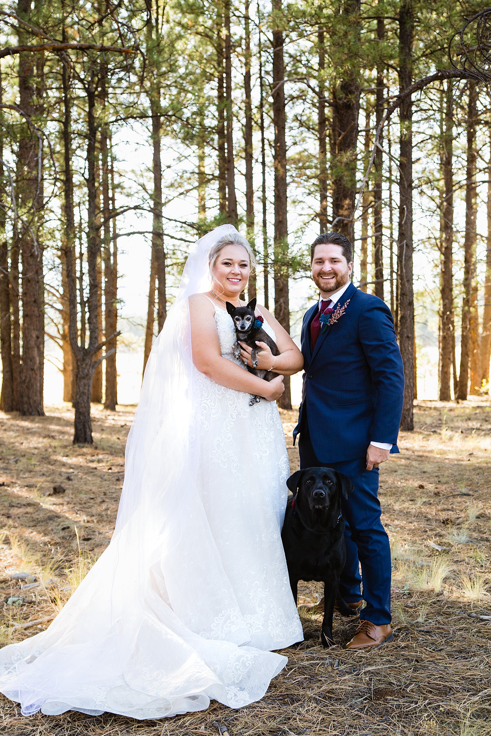Bride and groom with their dogs on their wedding day by Flagstaff wedding photographer PMA Photography.