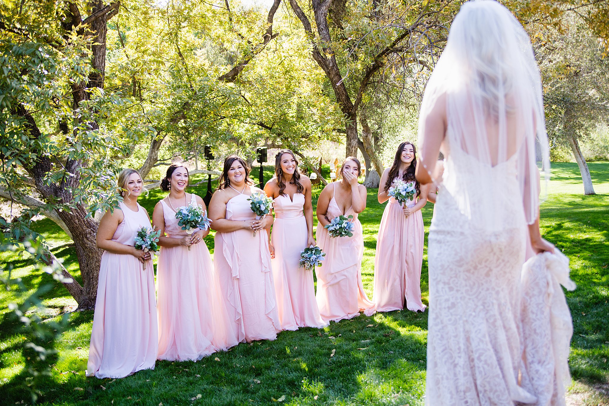 Bride's first look with her bridesmaids at Van Dickson Ranch by Arizona wedding photographer PMA Photography.