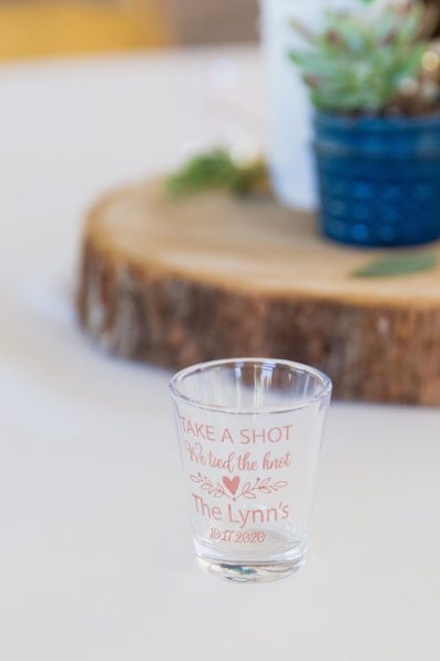 "Take a shot" custom shot glass wedding favors by Arizona wedding photographer PMA Photography.