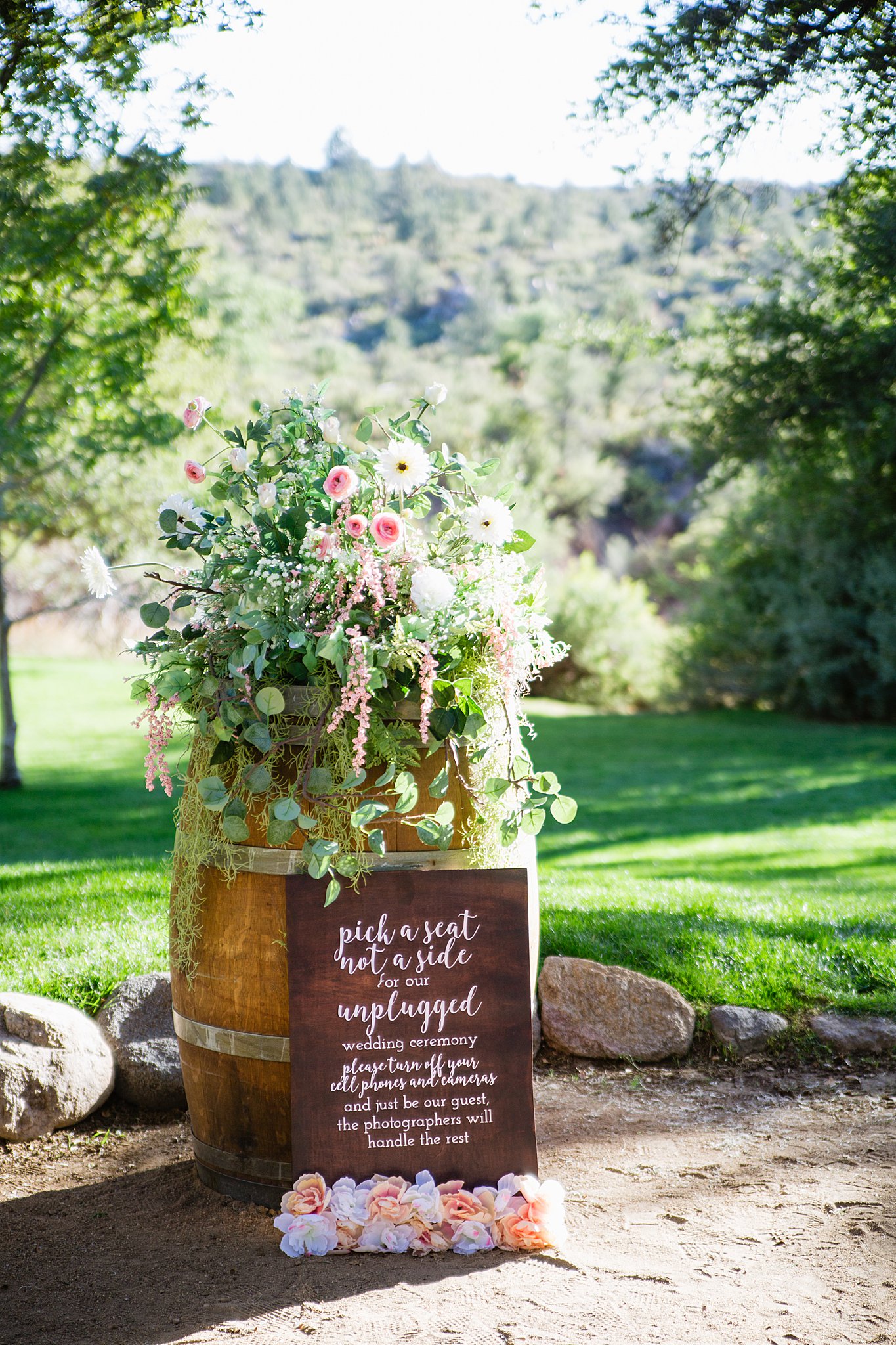 Rustic pic a seat not a sign seat at a Van Dickson Ranch wedding by PMA Photography.