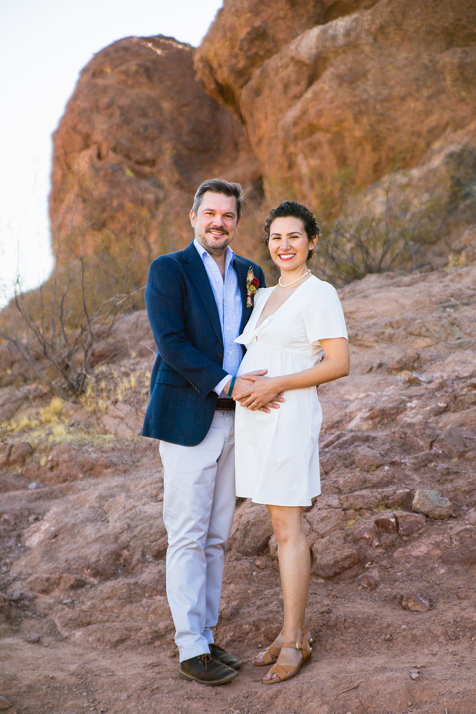 Bride and Groom pose during their Papago Park elopement by Arizona elopement photographer PMA Photography.