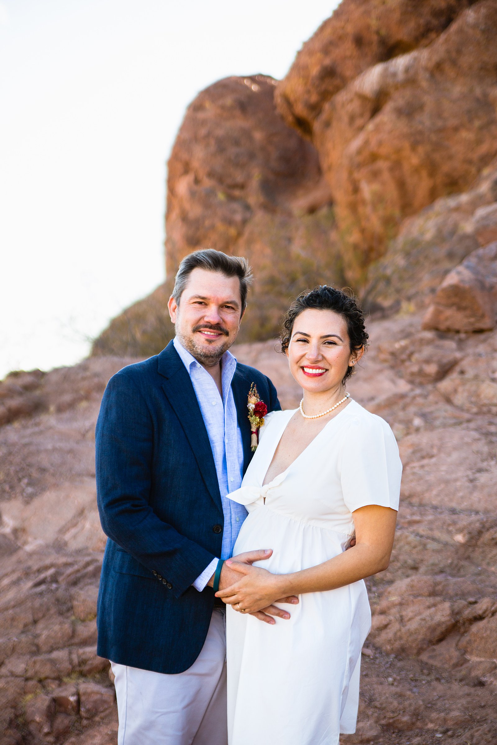 Bride and Groom pose for their Papago Park elopement by Phoenix elopement photographer PMA Photography.