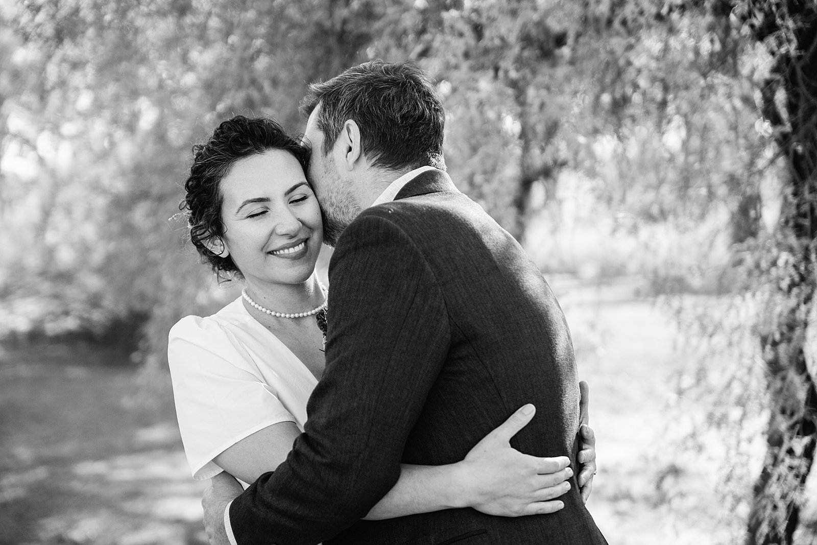 Bride and Groom share an intimate moment during their Papago Park elopement by Phoenix elopement photographer PMA Photography.