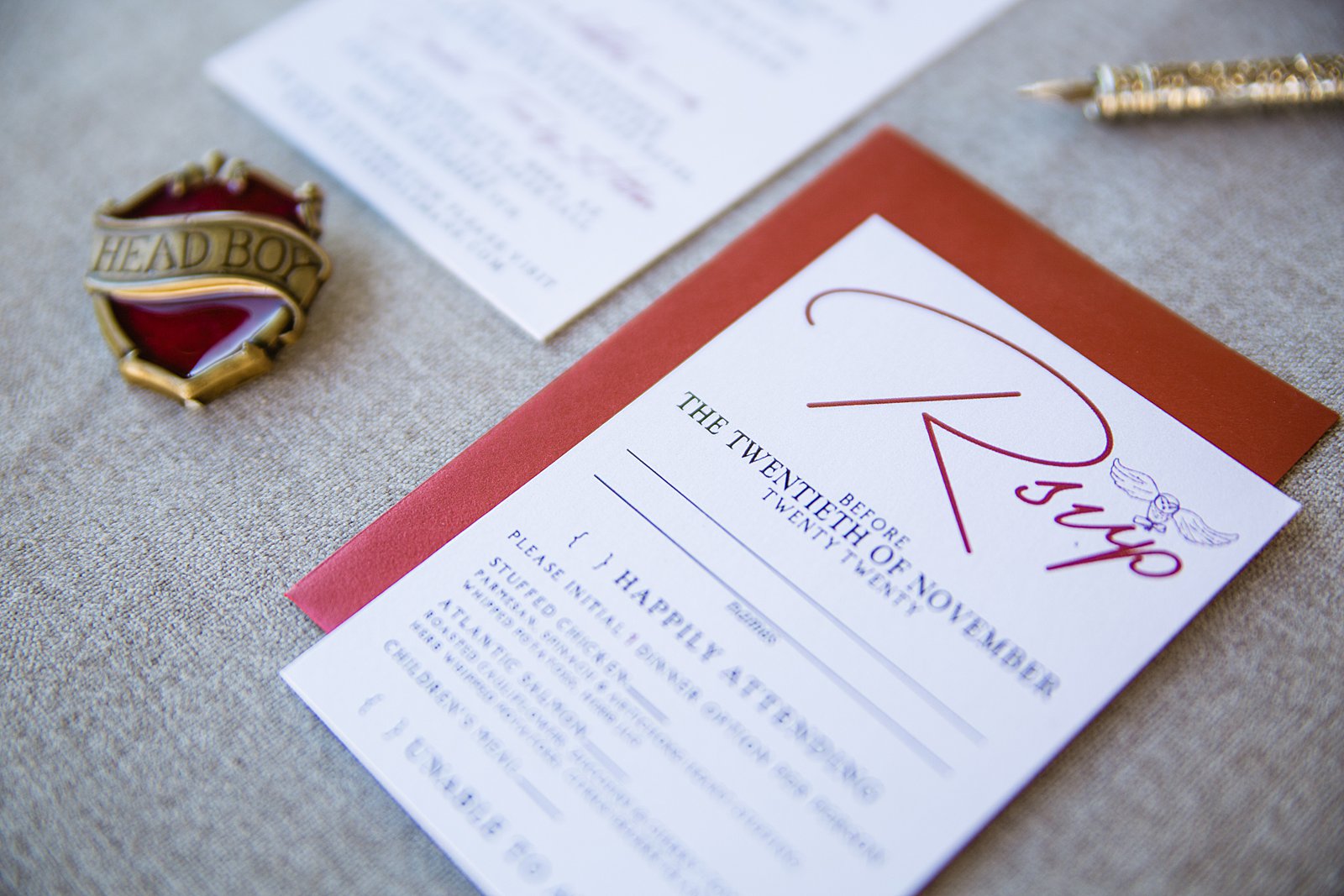 Harry Potter inspired wedding invitations in jewel tones by Phoenix wedding photographer PMA Photography.