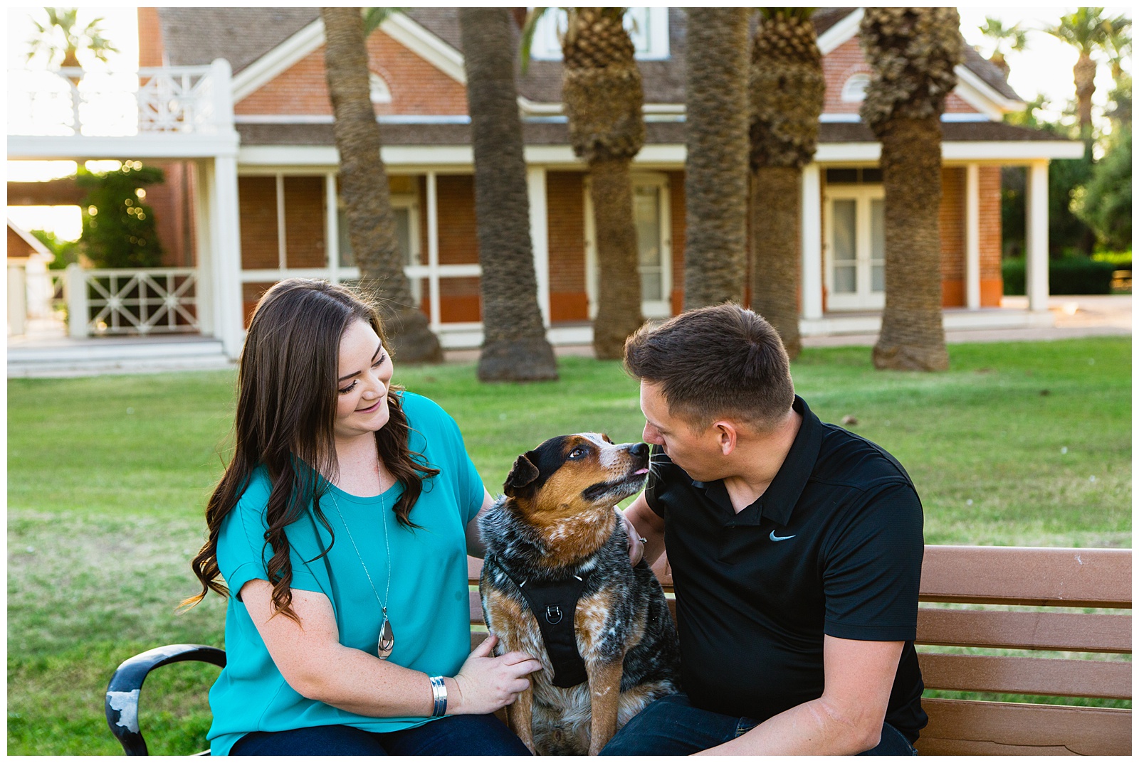 Couple pose with their dogs during their Glendale engagement session by Arizona wedding photographer PMA Photography.