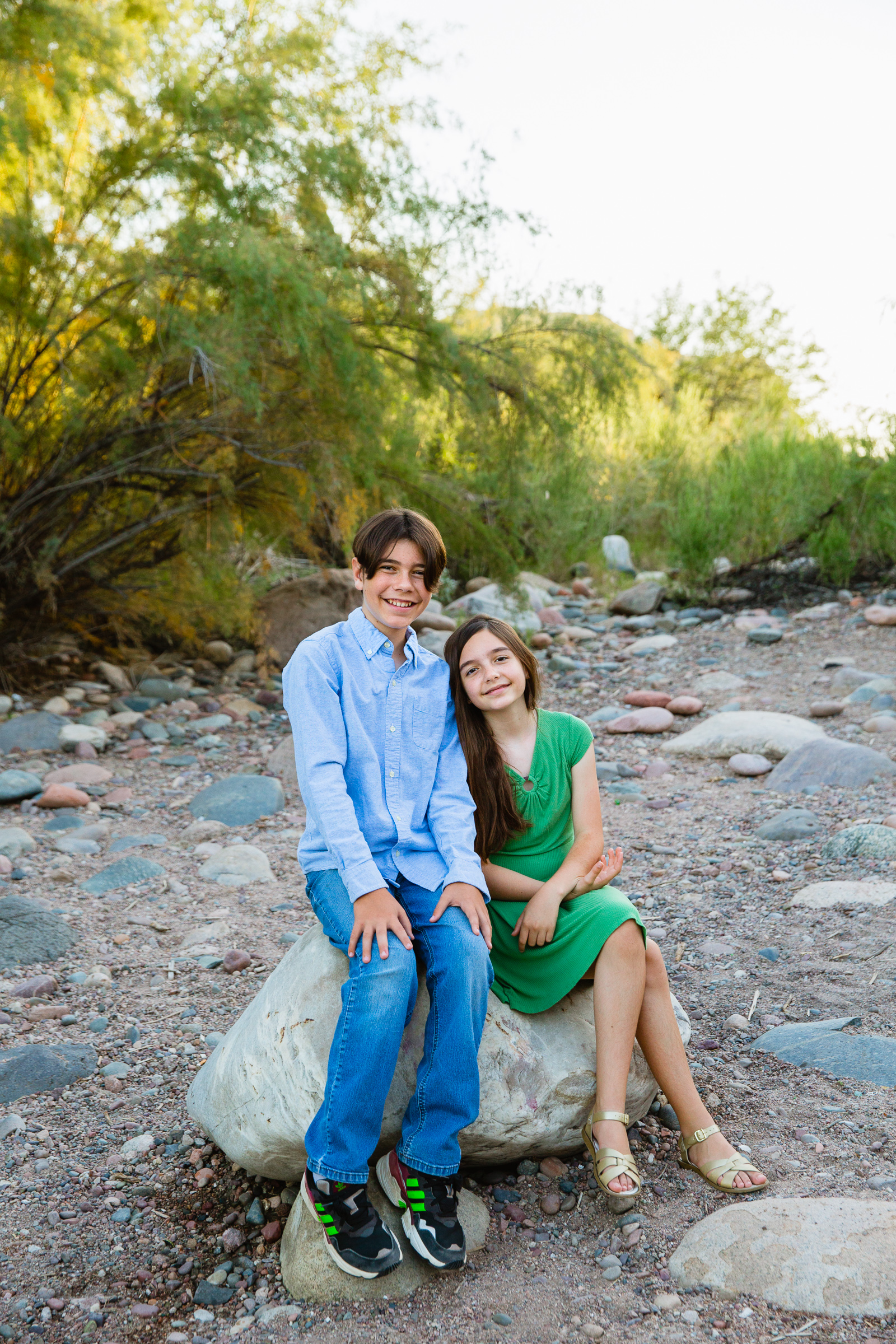 Portrait of kids during a family session at the Salt River by Phoenix family photographer PMA Photography.