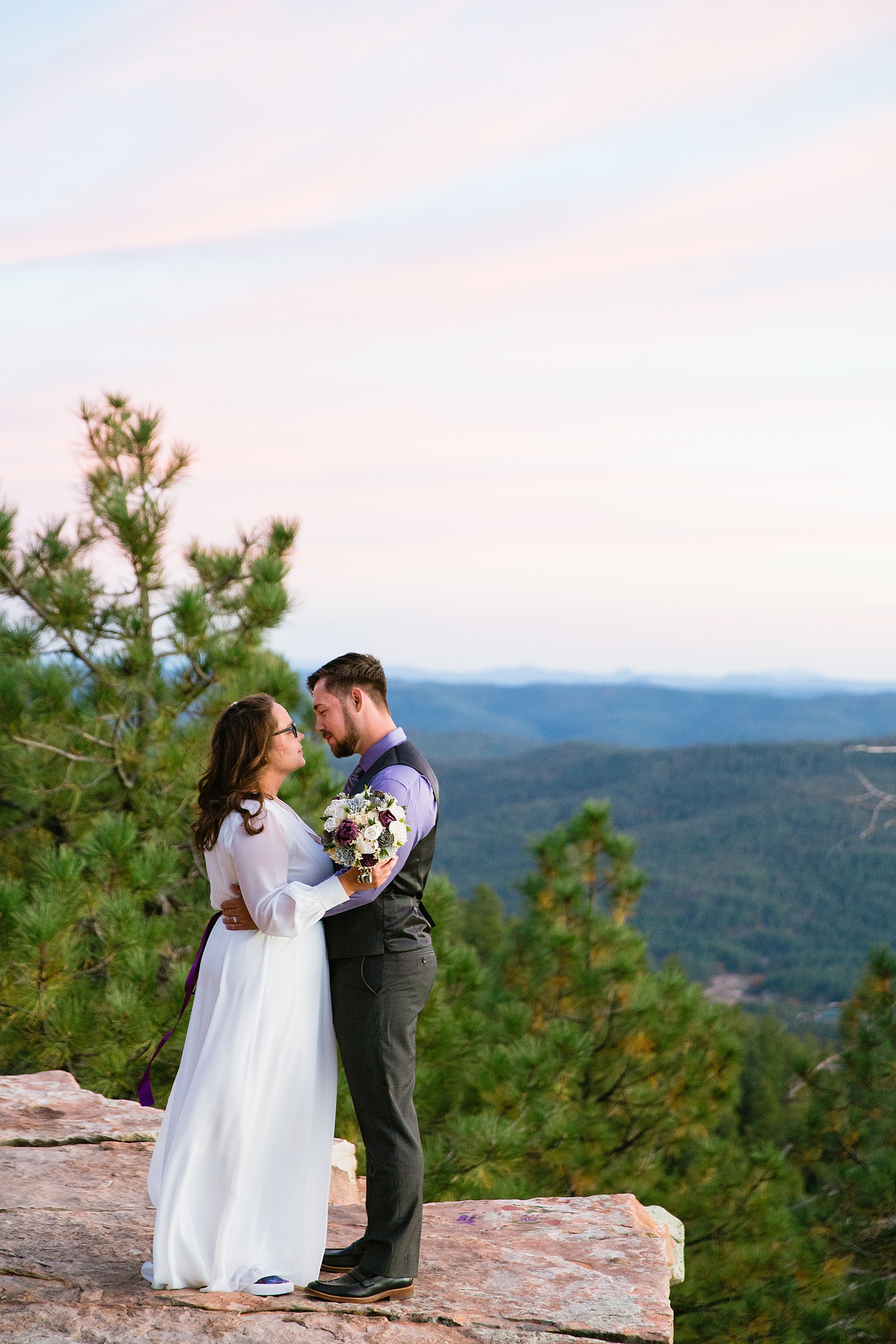 Bride and Groom pose for their Mogollon Rim elopement by Payson elopement photographer PMA Photography.