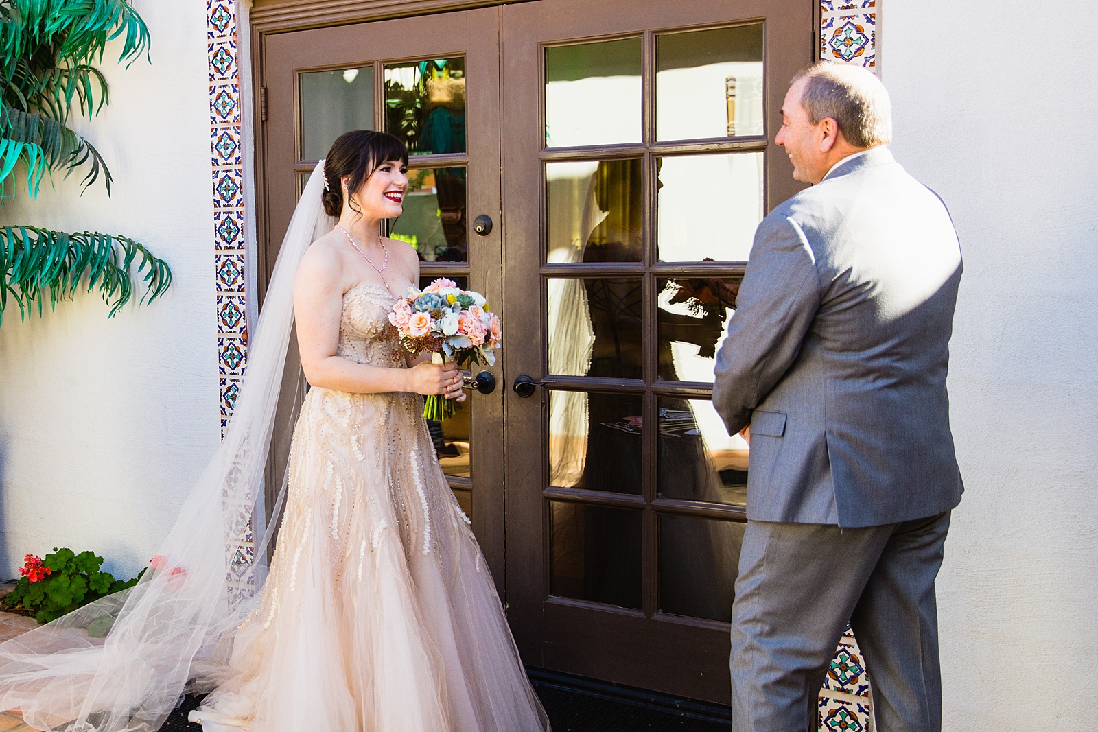 Bride's first look with her father by Arizona wedding photographer PMA Photography.