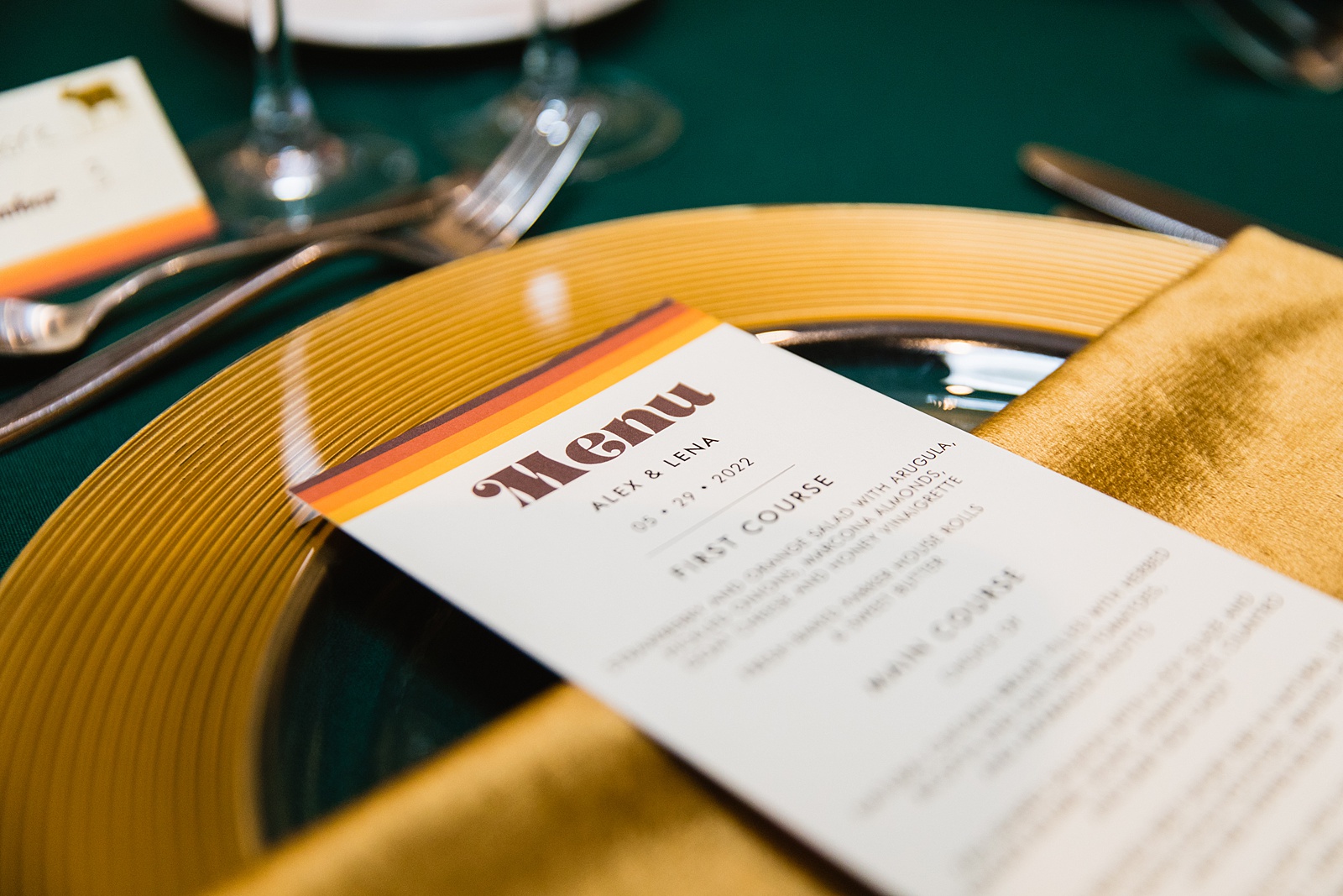 Retro Mid Century Modern menu and place settings at Mountain Shadows Resort wedding reception by Paradise Valley wedding photographer PMA Photography.