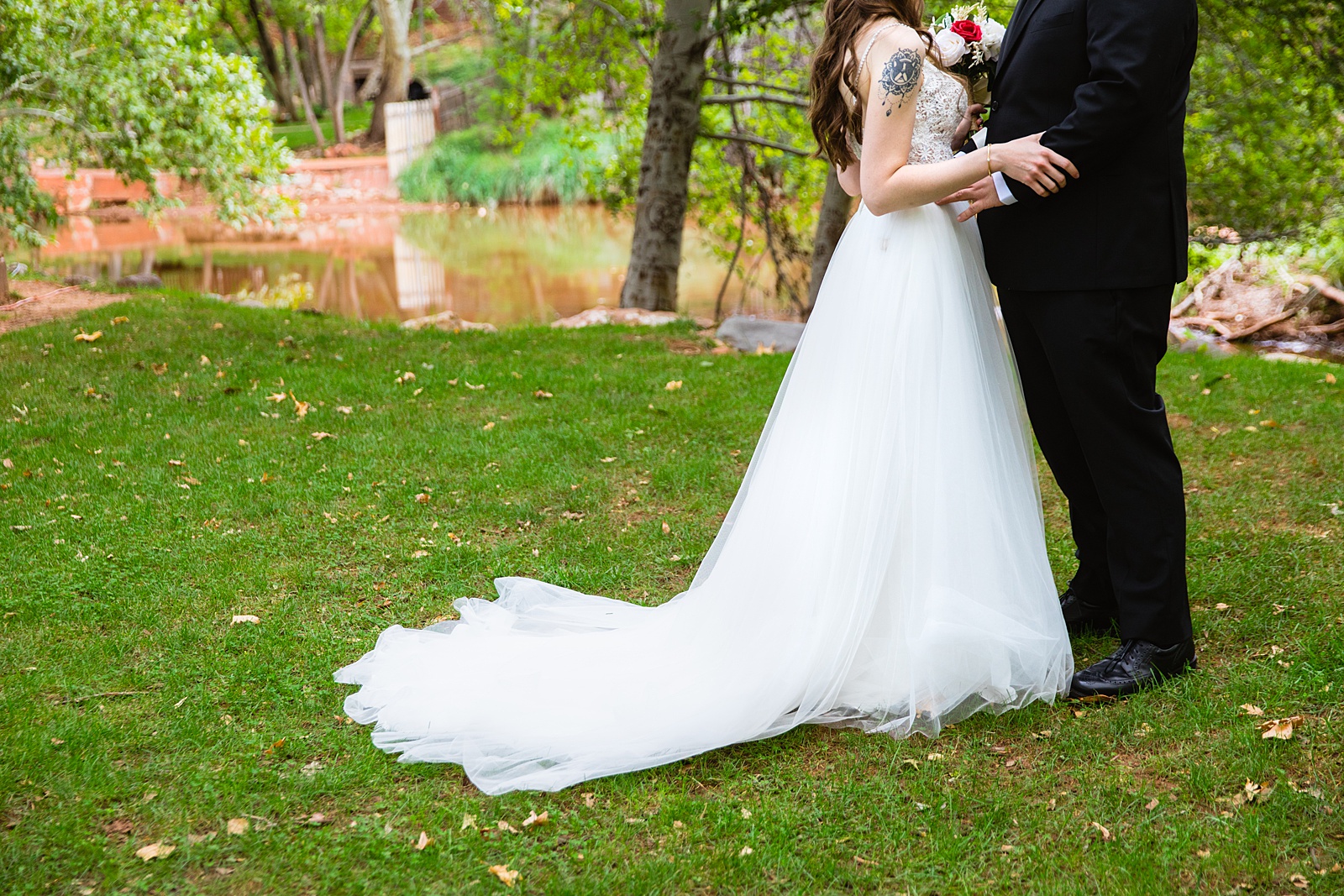 Bride and Groom's first look at Los Abrigados by Arizona wedding photographer PMA Photography.