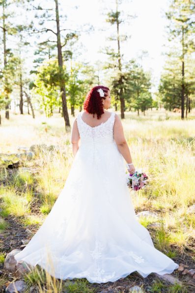 Bride's elegant wedding dress for her Mogollon Rim elopement by PMA Photography.