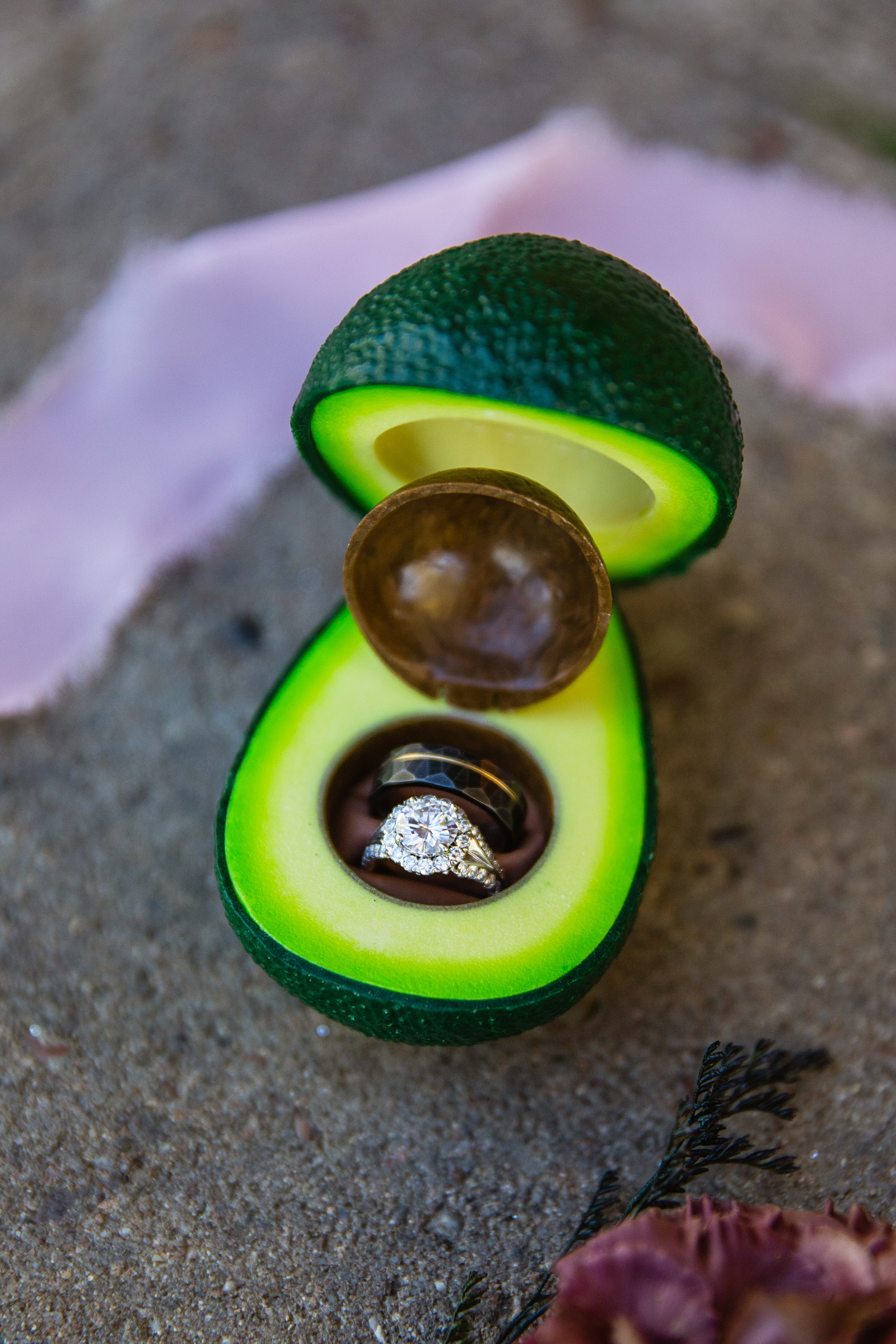 avocado ring box for Mortimer Farms wedding by Arizona wedding photographers PMA Photographer