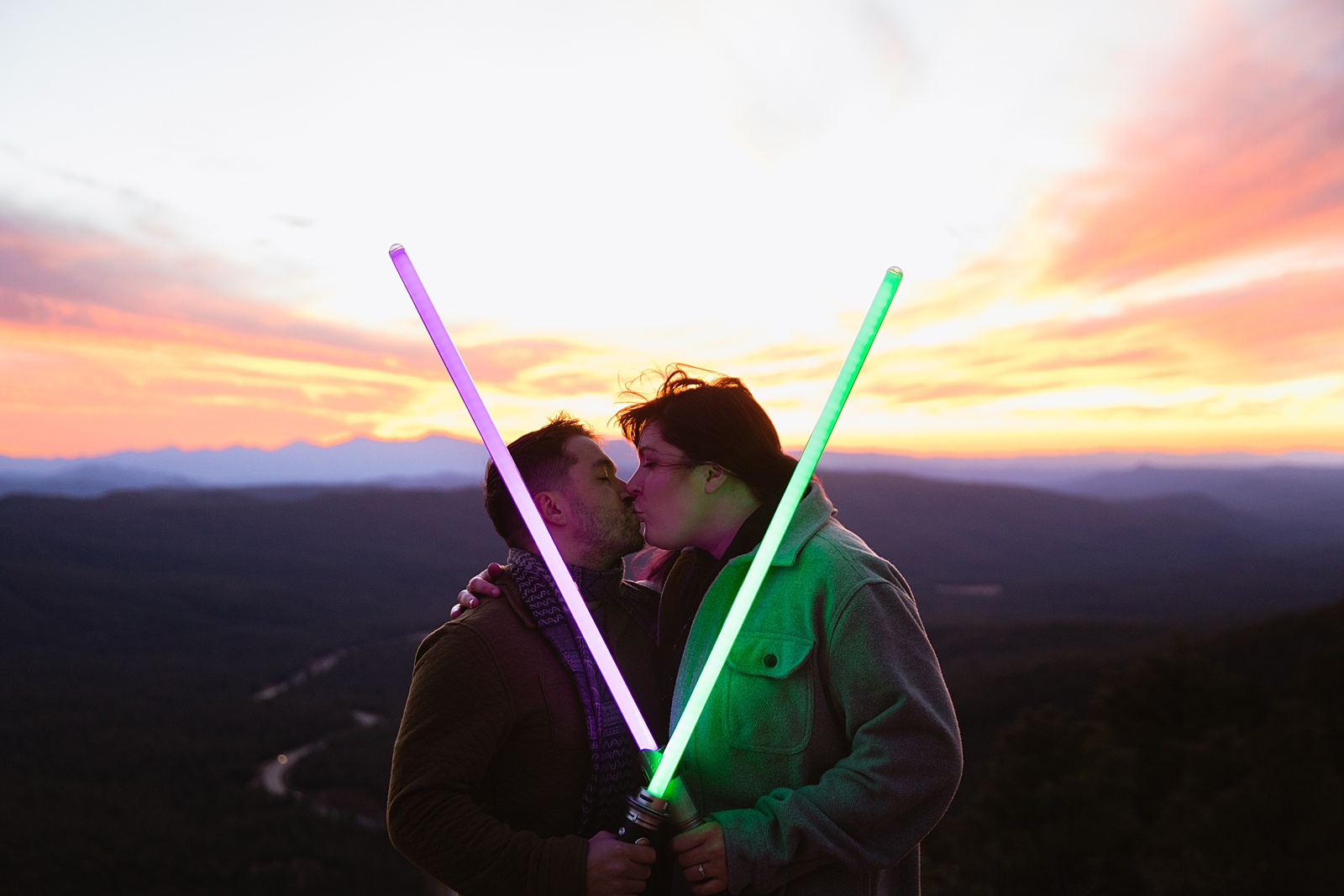 Star Wars Inspired couple share a kiss during their Mogollon Rim engagement session by Payson wedding photographer PMA Photography.