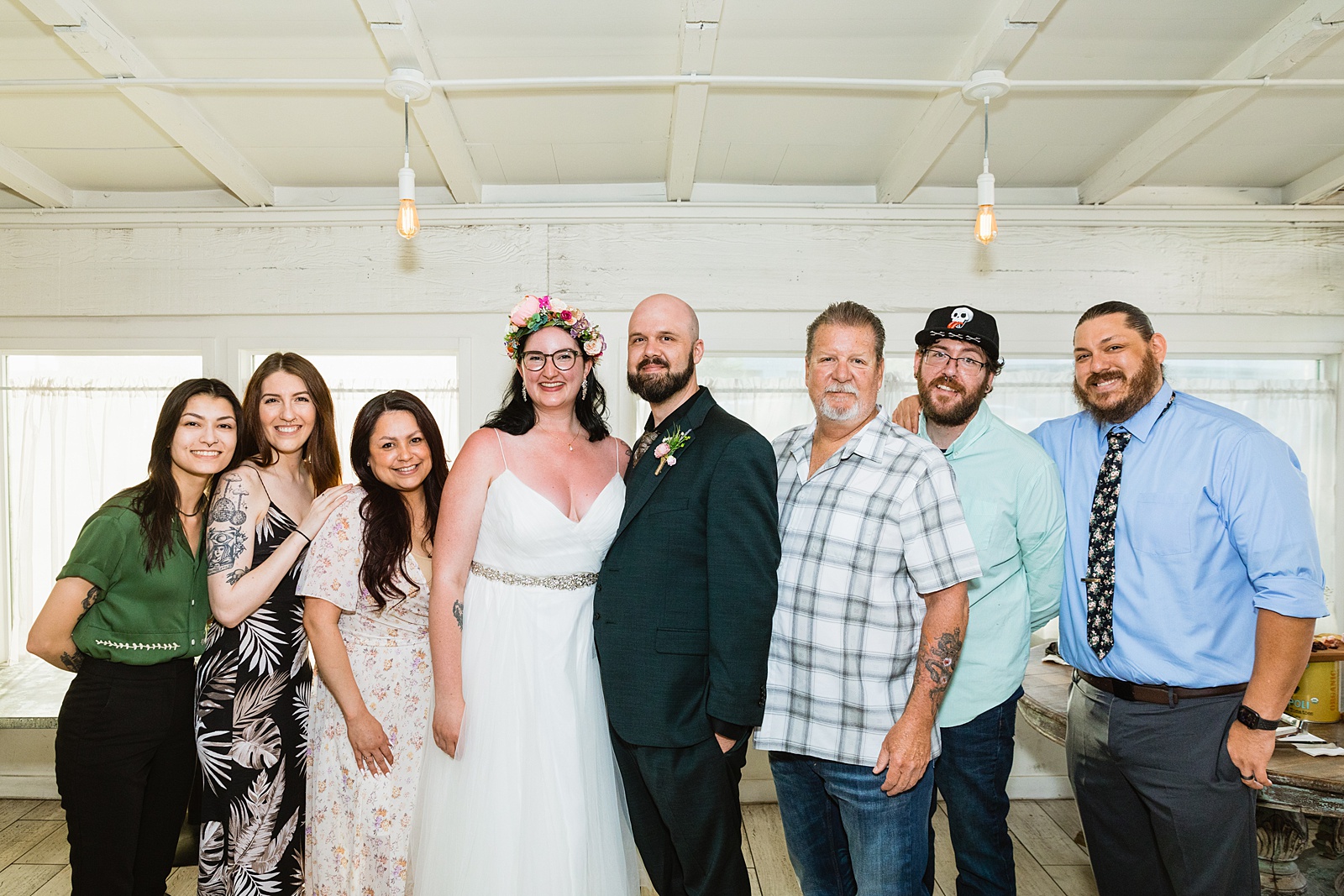 Bride and groom with guests at Pizzeria Bianco wedding reception by Phoenix wedding photographer PMA Photography