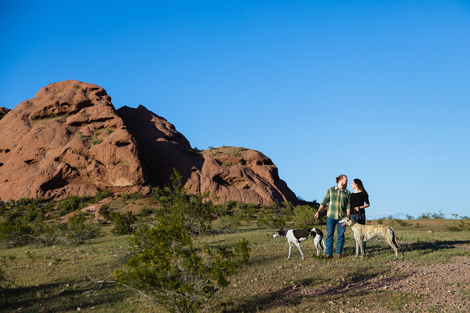 Couple pose for their Papago Park engagement session by Tempe wedding photographer Juniper and Co Photography.