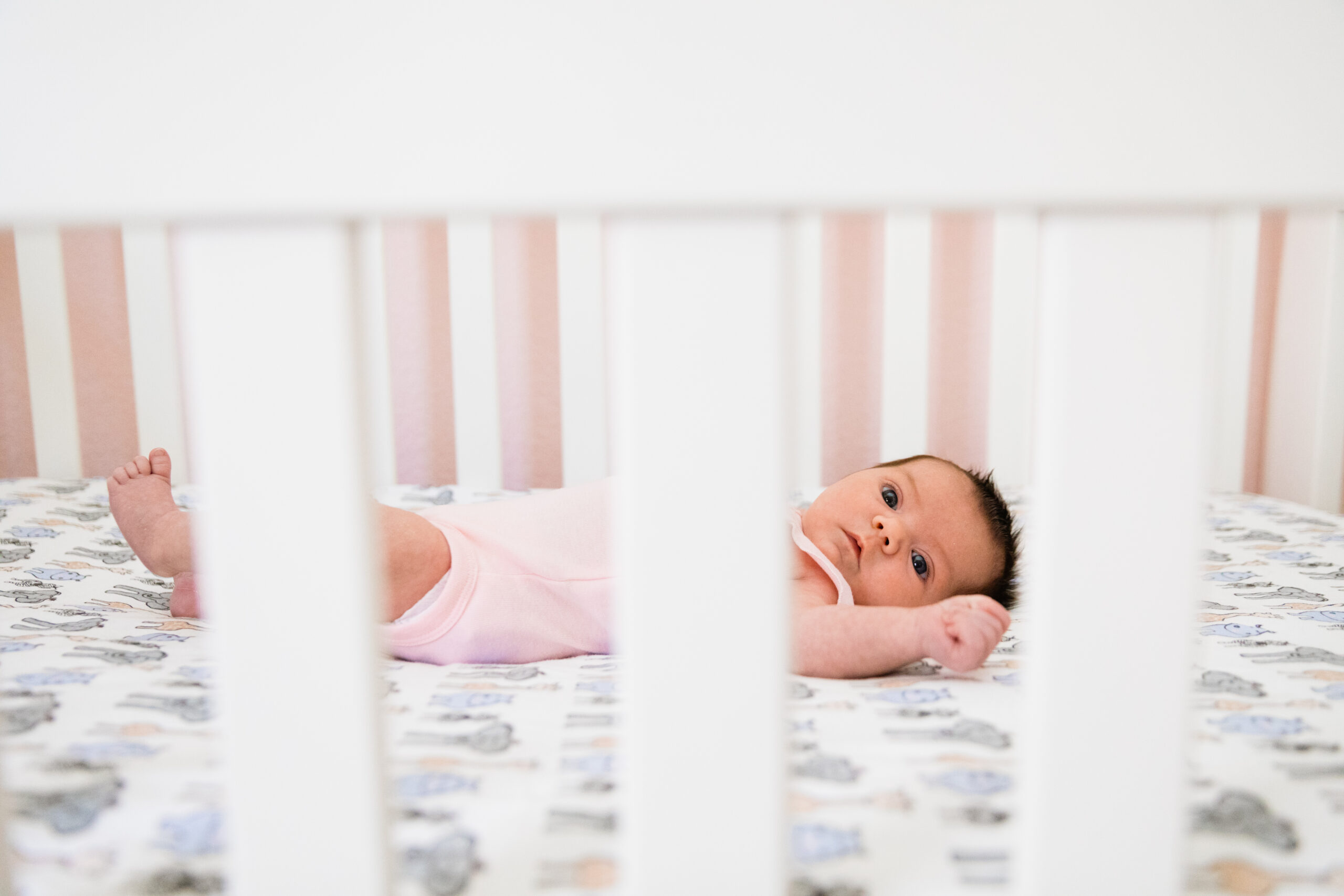 Baby lays in her crib during Phoenix In-Home Newborn session by Arizona wedding photographer Juniper and Co Photography.