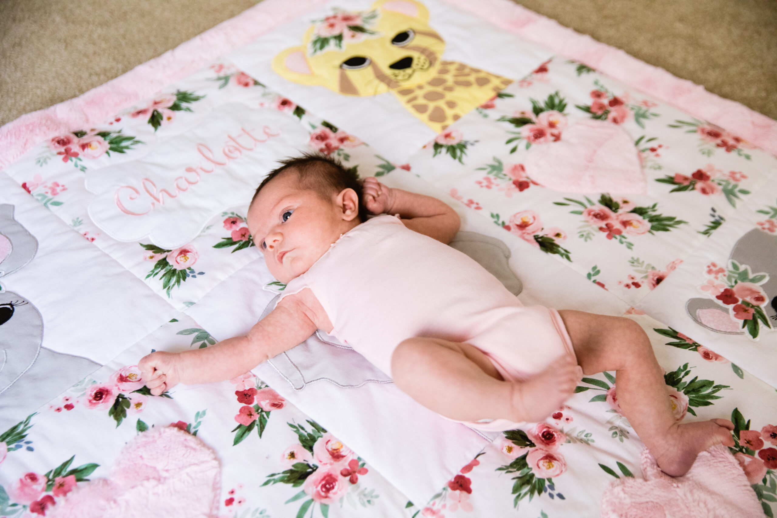Baby lays on her quilt during Phoenix In-Home Newborn session by Arizona wedding photographer Juniper and Co Photography.
