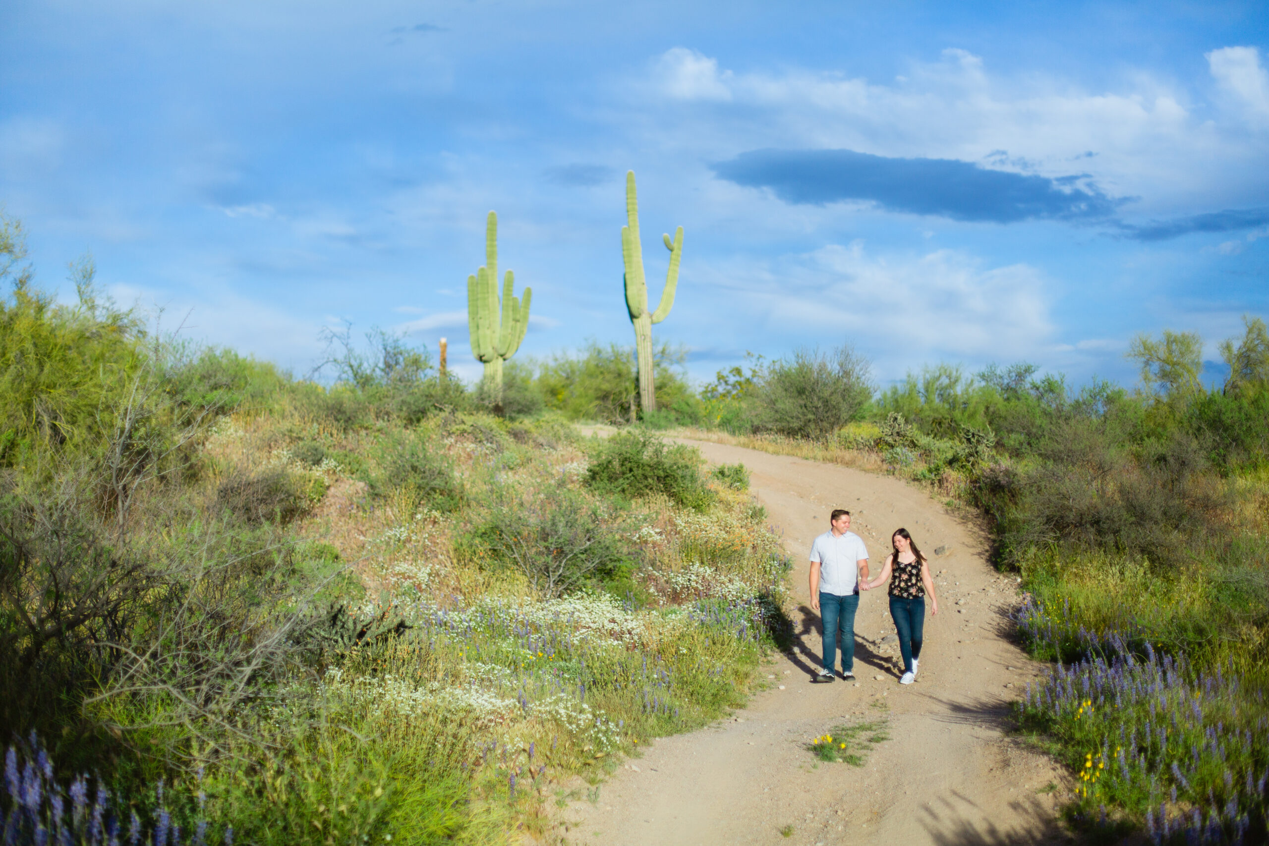 Couple walking together during their Arizona engagement session by Arizona engagement photographer Juniper and Co Photography.