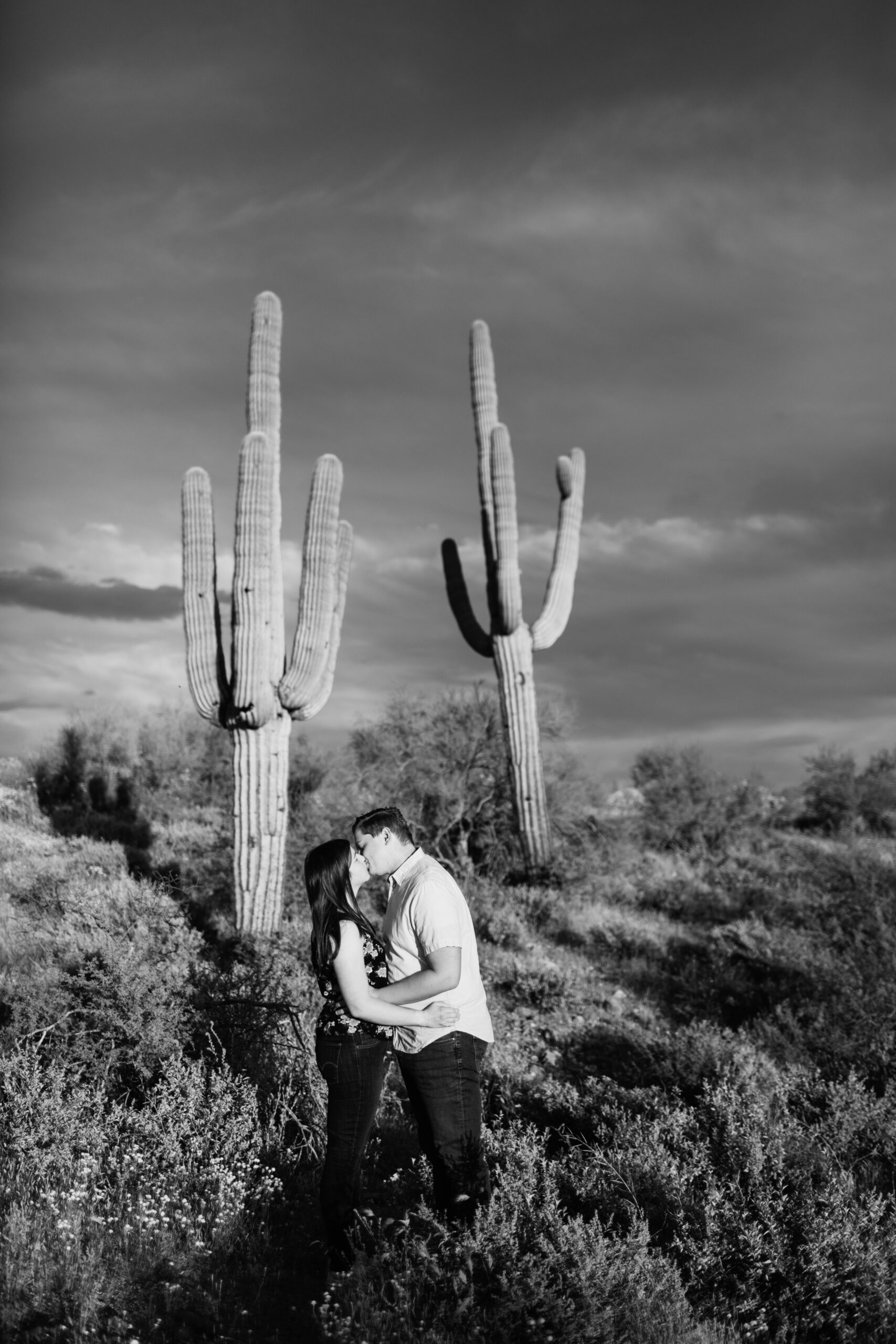 Couple share a kiss during their Arizona engagement session by Arizona wedding photographer Juniper and Co Photography.
