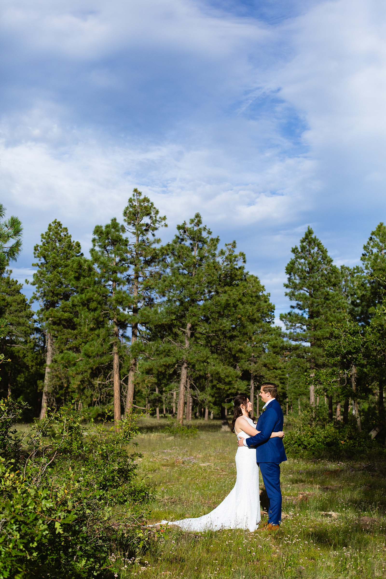 Bride & Groom pose for their Mogollon Rim elopement by Payson elopement photographer Juniper and Co Photography.