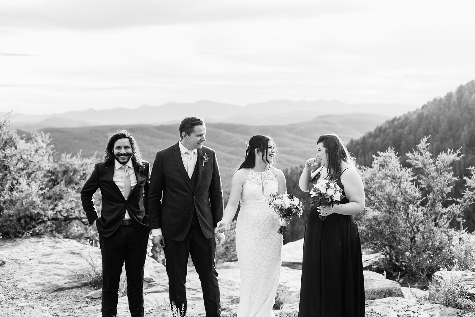 Bridal party laughing together at Mogollon Rim elopement by Payson intimate elopement photographer Juniper and Co Photography.
