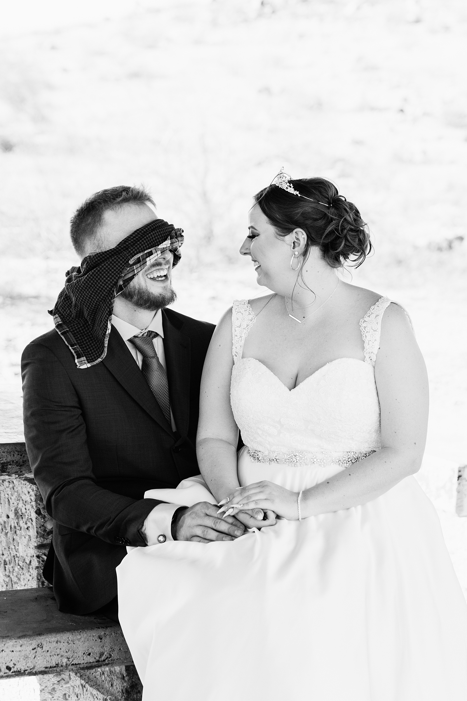Bride and groom's first look at intimate desert wedding by Phoenix wedding photographer Juniper and Co Photography.
